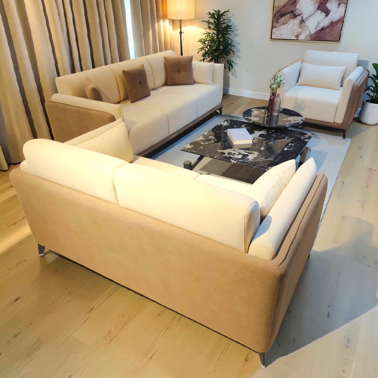Modern Cream & Tan Sofa Set 2 seater