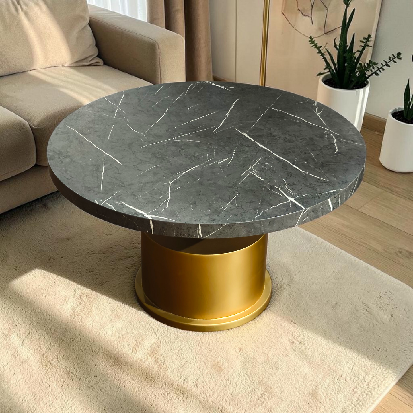 Modern Round Marble Table with Dual-Tone Cylindrical Base