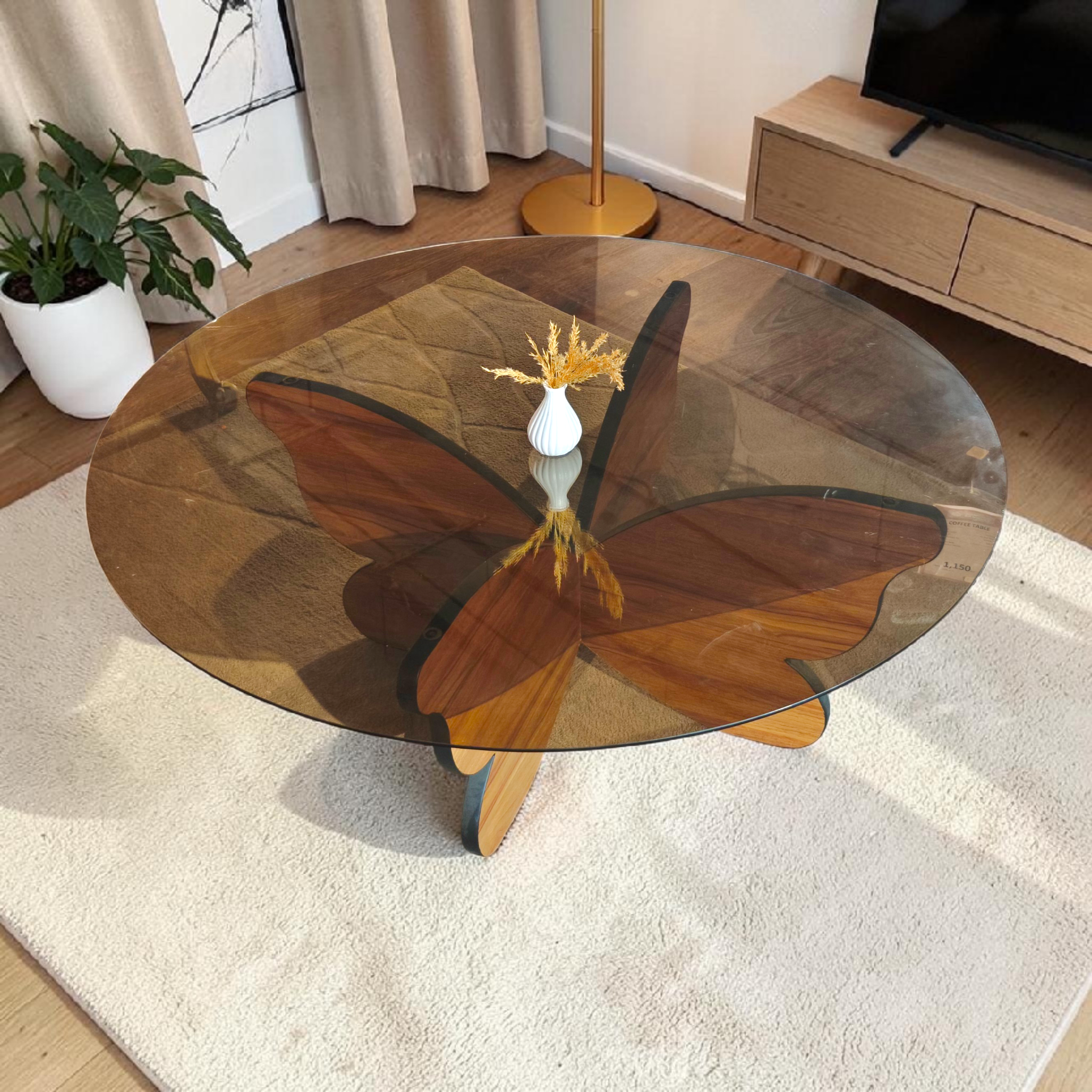 Round Glass Coffee Table with Sculptural Butterfly Wood Base