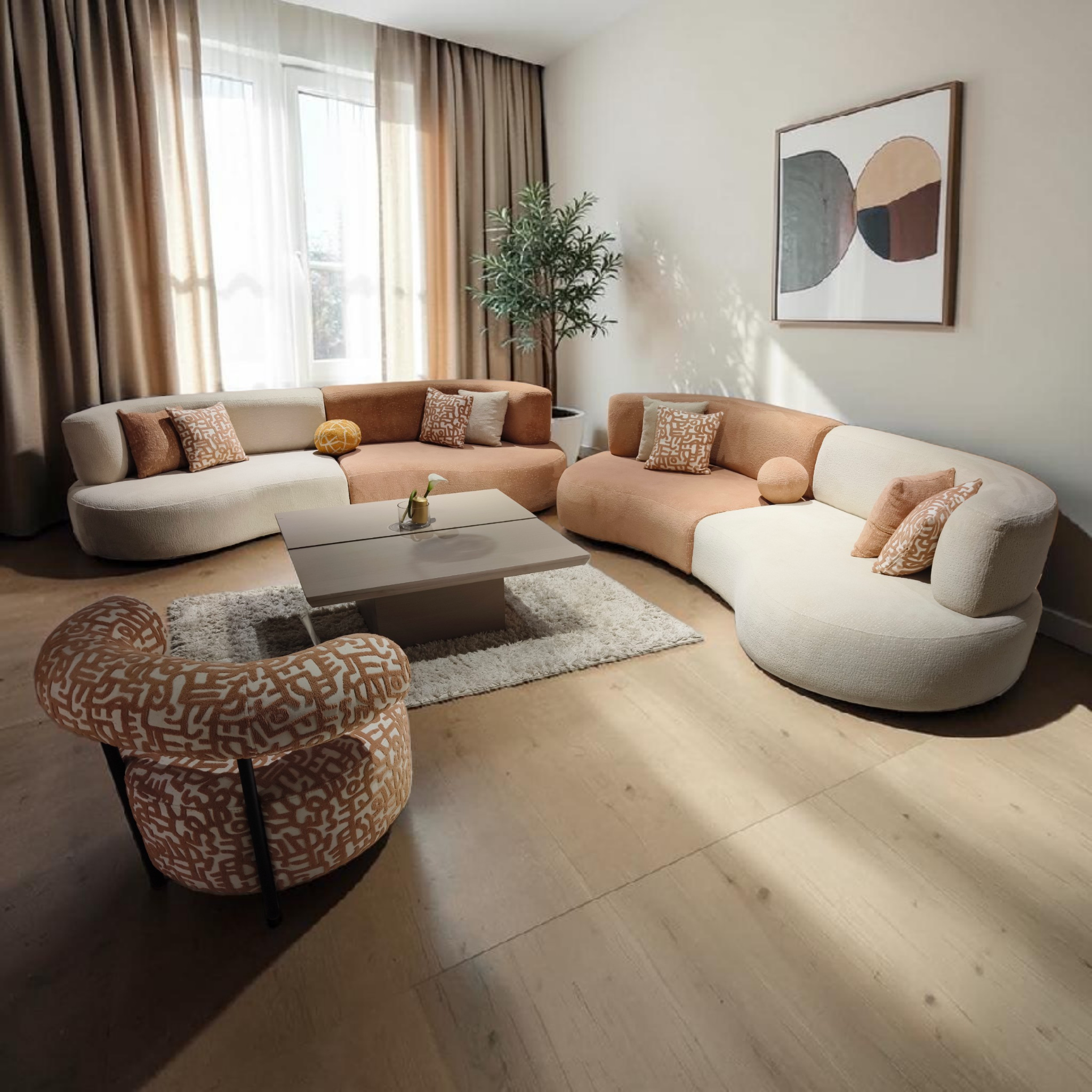 Modern 3+3 Seater Curved Sectional Sofa in Dual‑Tone Upholstery