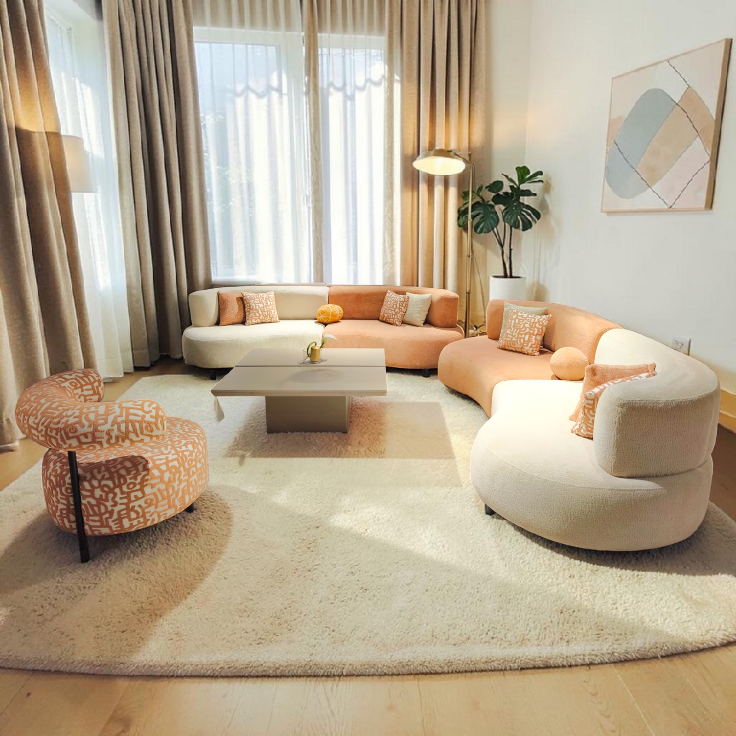Modern 3+3 Seater Curved Sectional Sofa in Dual‑Tone Upholstery