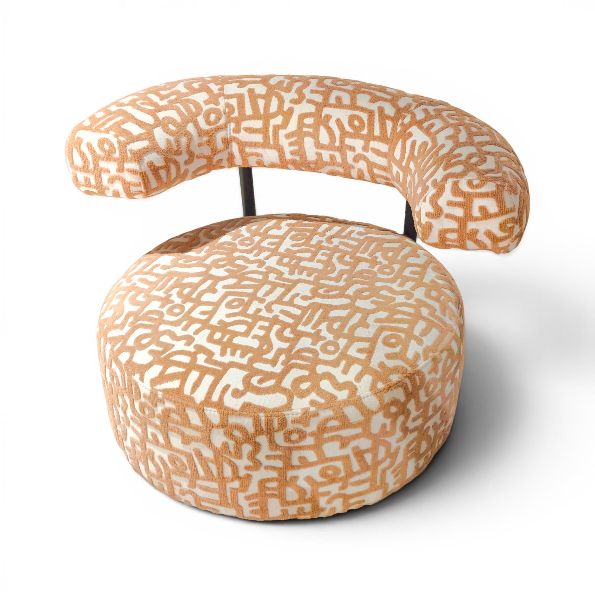 Contemporary Round Accent Chair with Geometric Tan‑and‑White Upholstery