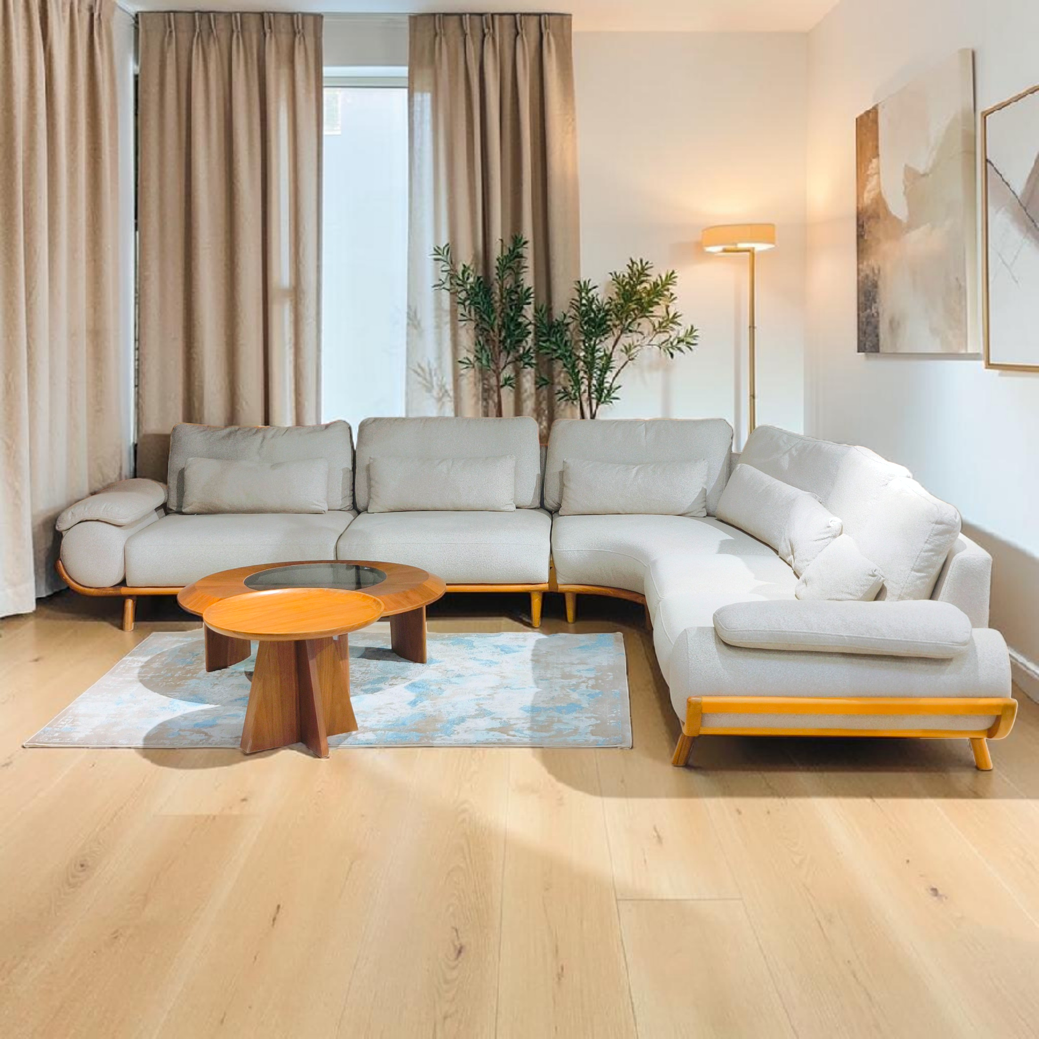 Modern Beige Sofa with Plush Cushions and Honey‑Tone Wooden Base