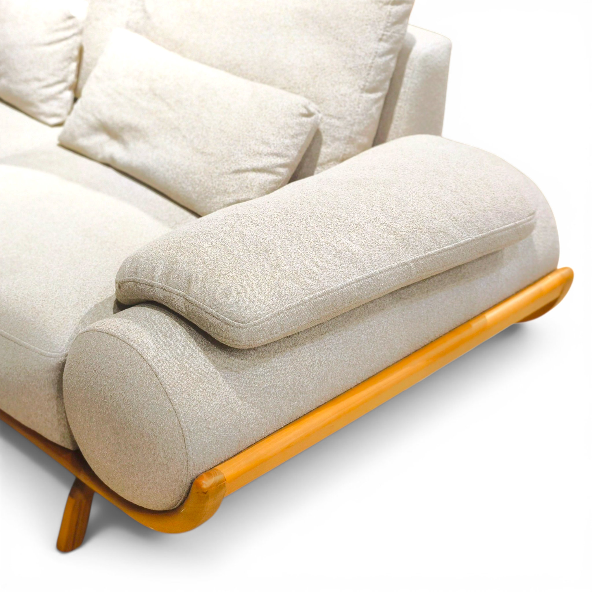Modern Beige Sofa with Plush Cushions and Honey‑Tone Wooden Base