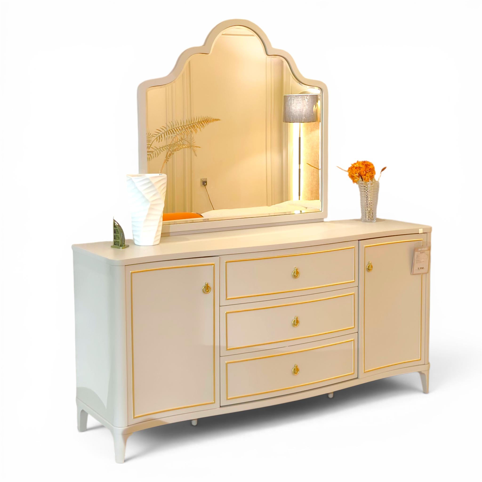 Elegant Beige Dresser with Gold Trim and Curved Mirror Frame