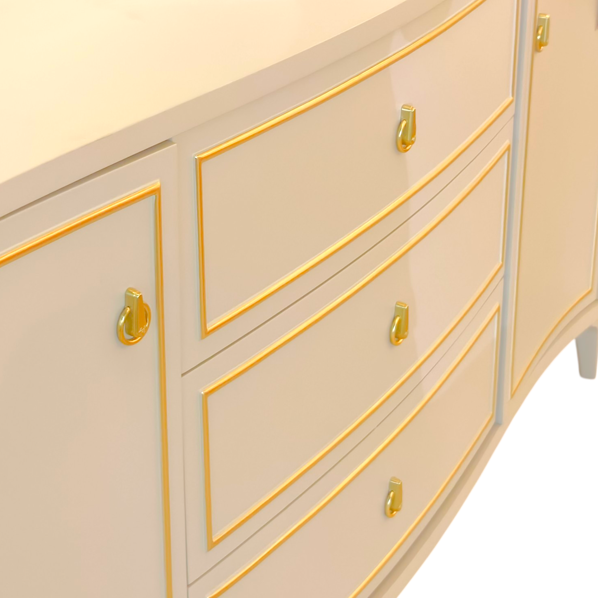 Elegant Beige Dresser with Gold Trim and Curved Mirror Frame
