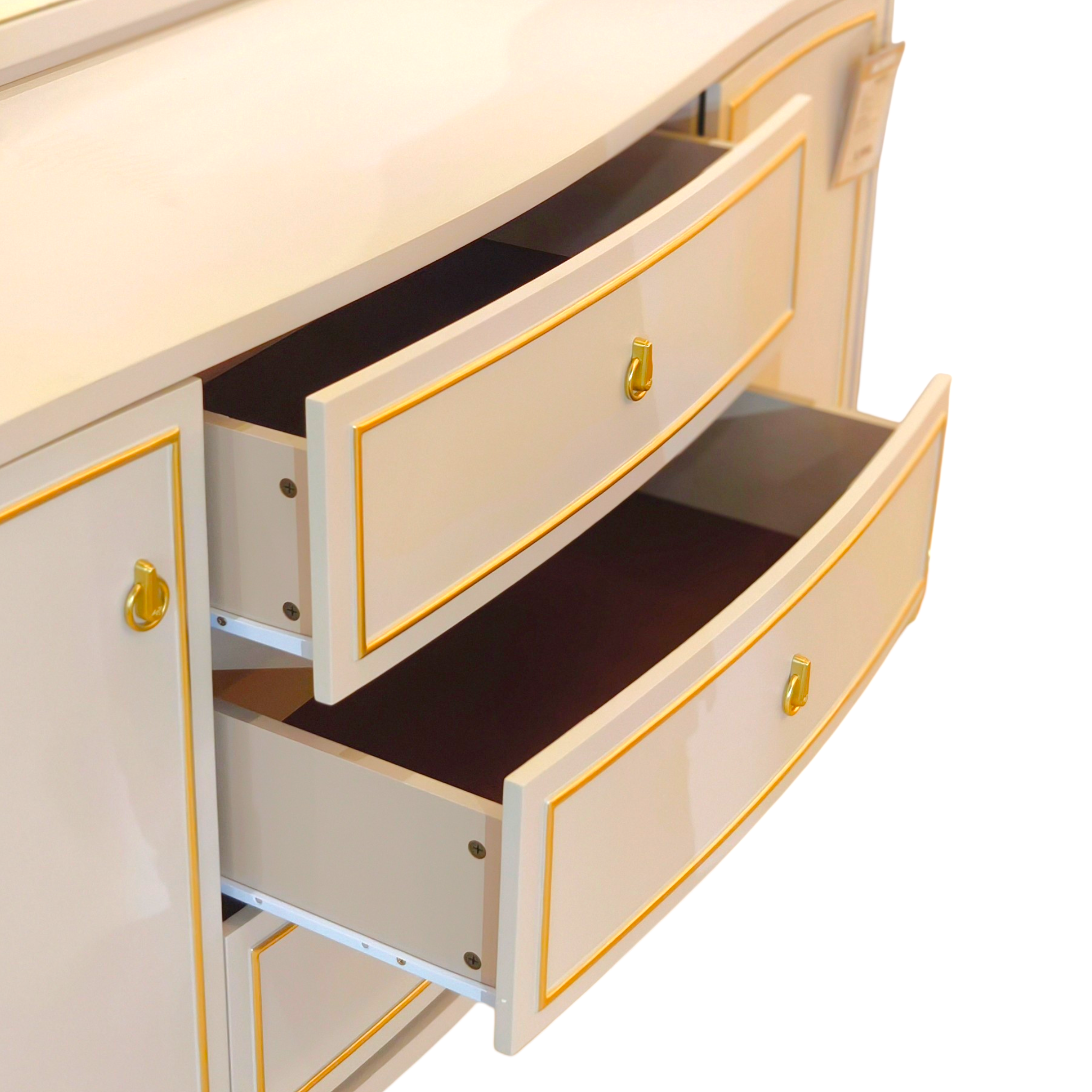 Elegant Beige Dresser with Gold Trim and Curved Mirror Frame