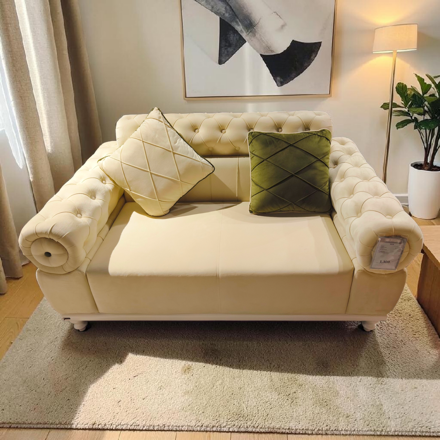 Elegant Tufted Beige Loveseat with Diamond‑Pattern Accent Pillows