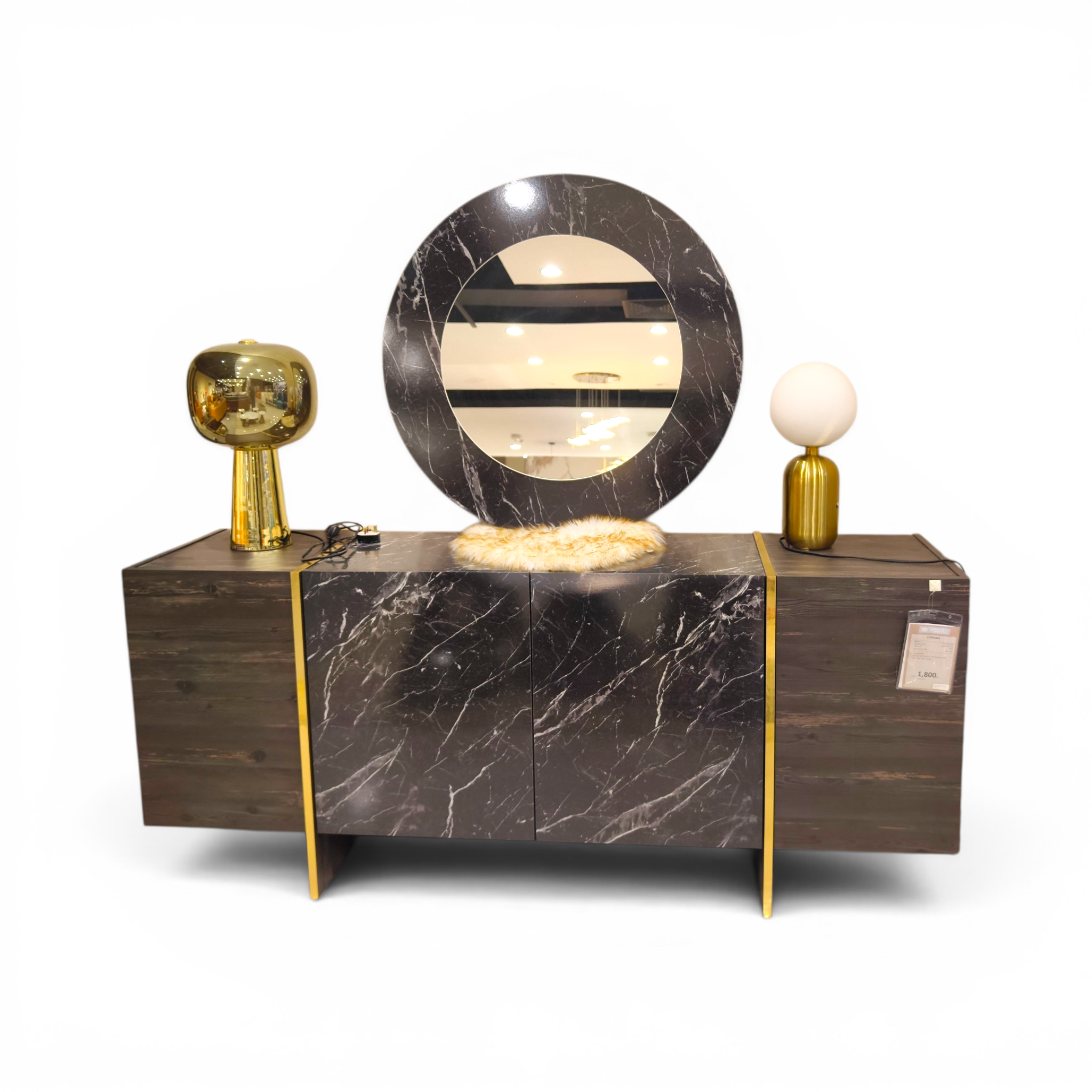 Marble Luxe Sideboard with Gold Accents & Round Mirror