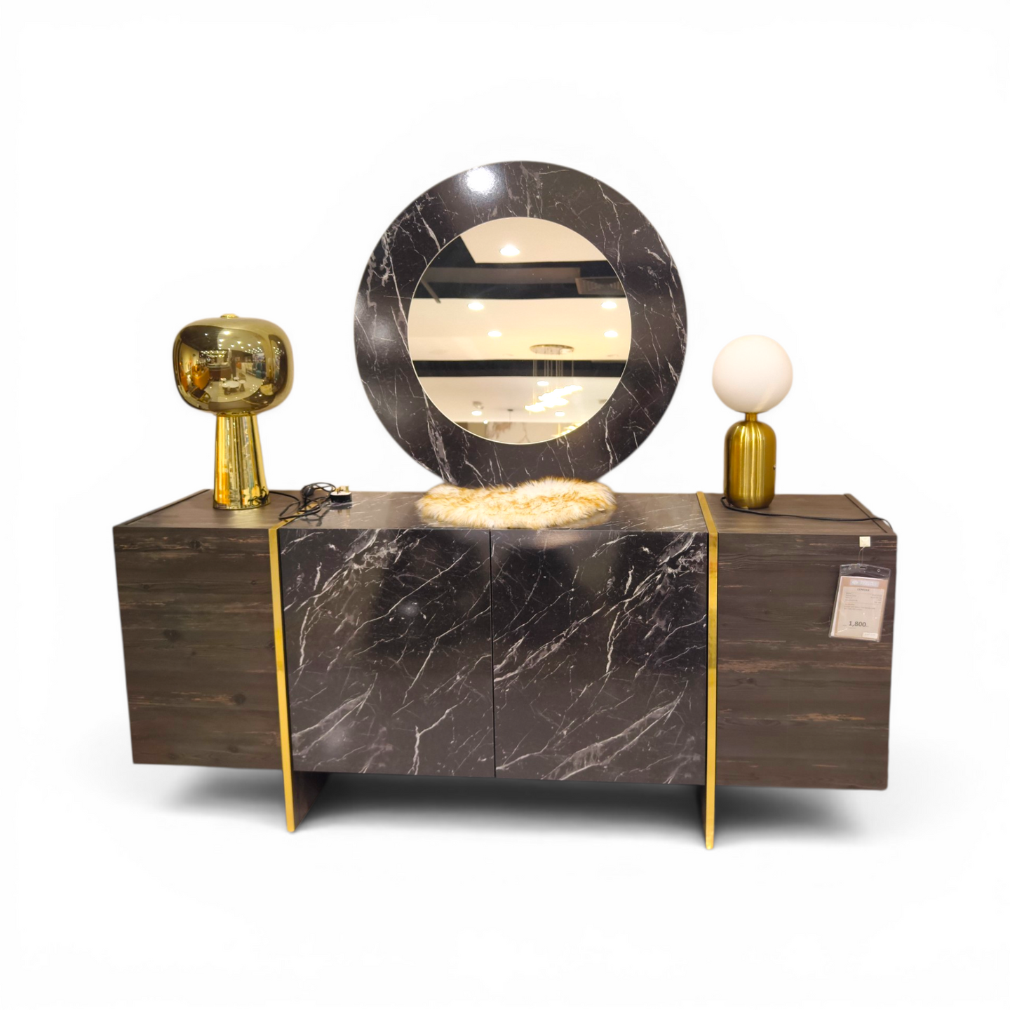 Marble Luxe Sideboard with Gold Accents & Round Mirror