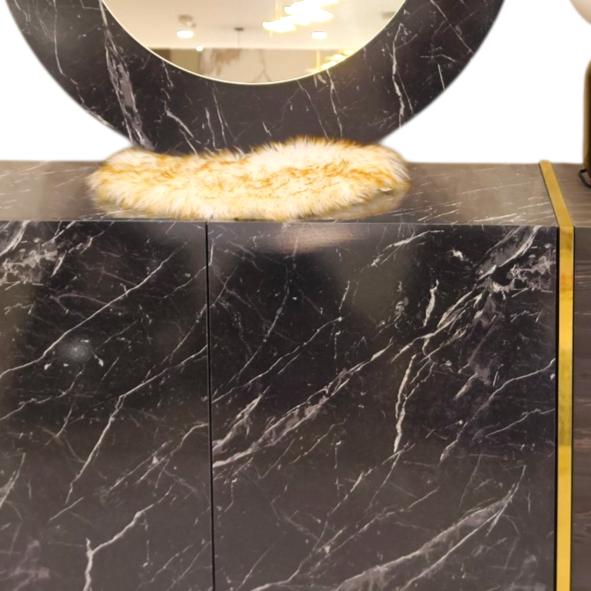 Marble Luxe Sideboard with Gold Accents & Round Mirror