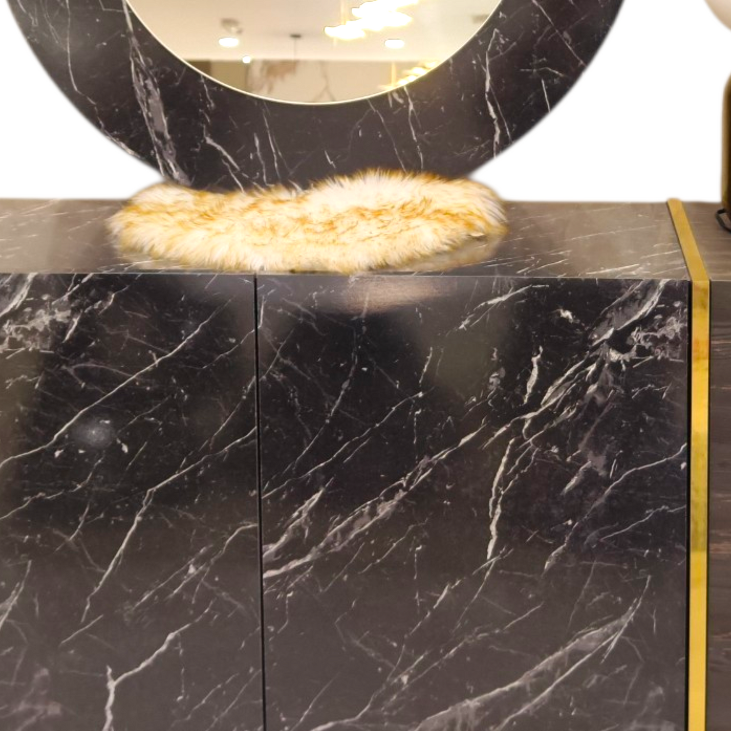 Marble Luxe Sideboard with Gold Accents & Round Mirror
