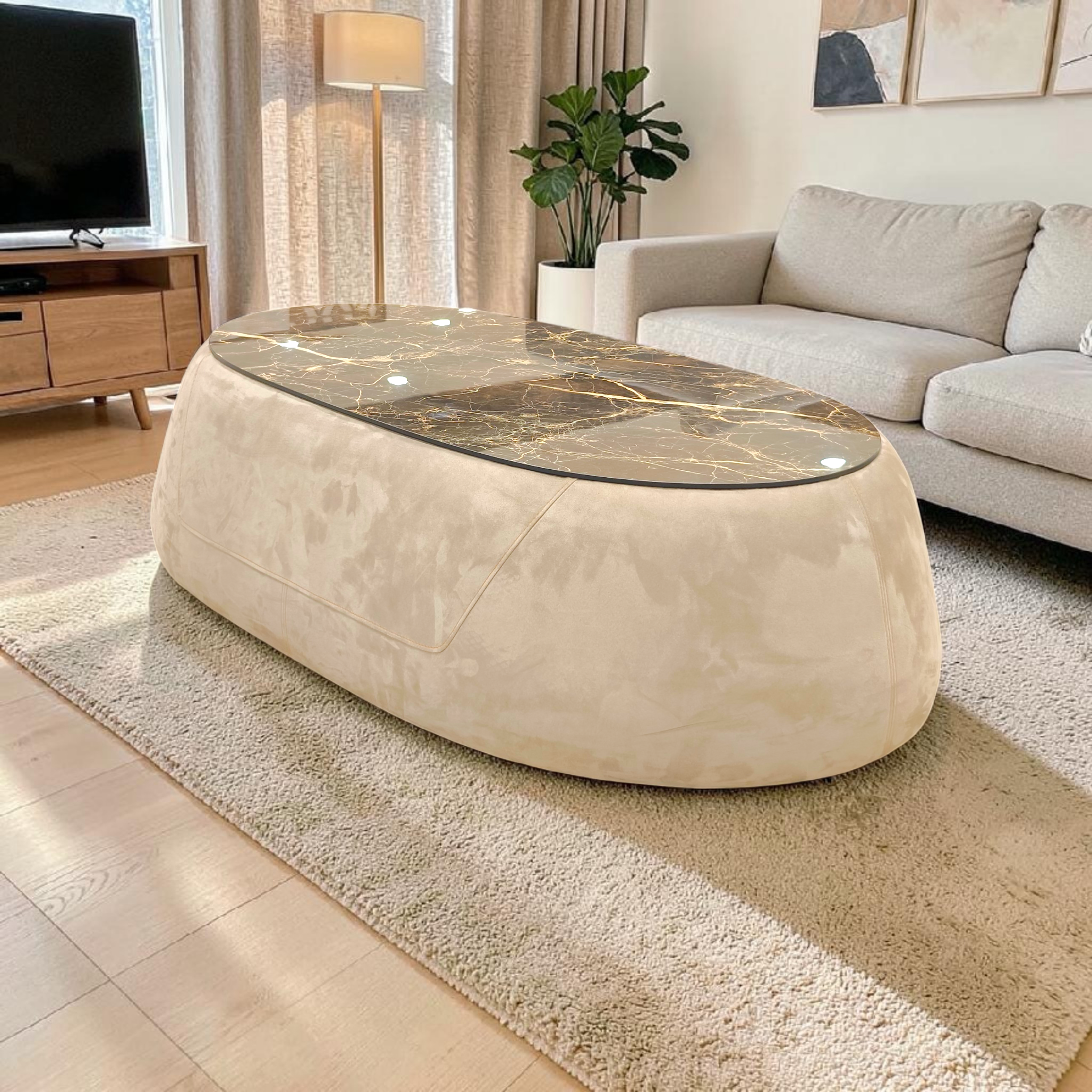 Oval Marble Coffee Table with Soft Upholstered Base – Modern Elegance