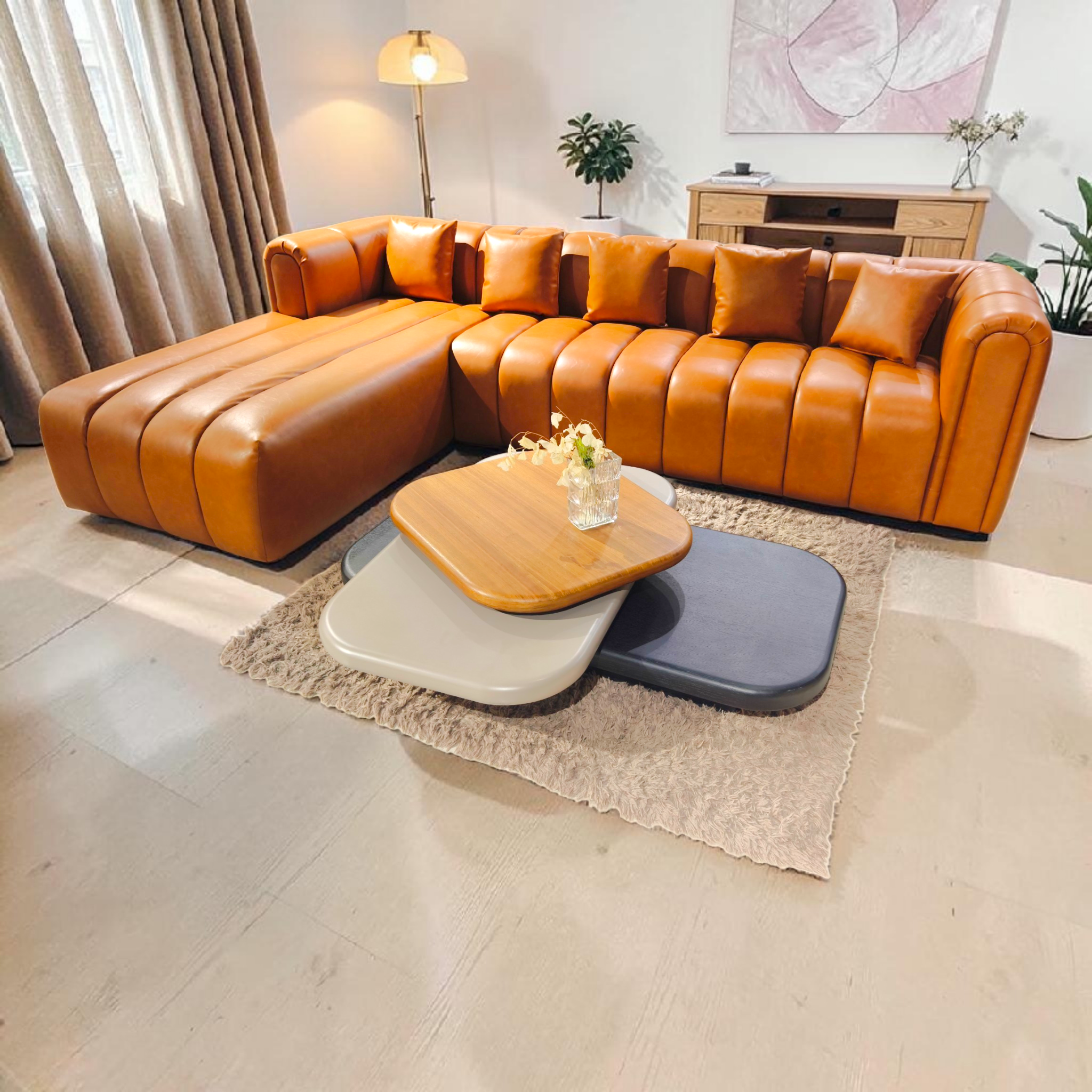 Caramel Artifical Leather L‑Shaped Sofa – Modern Comfort & Premium Style