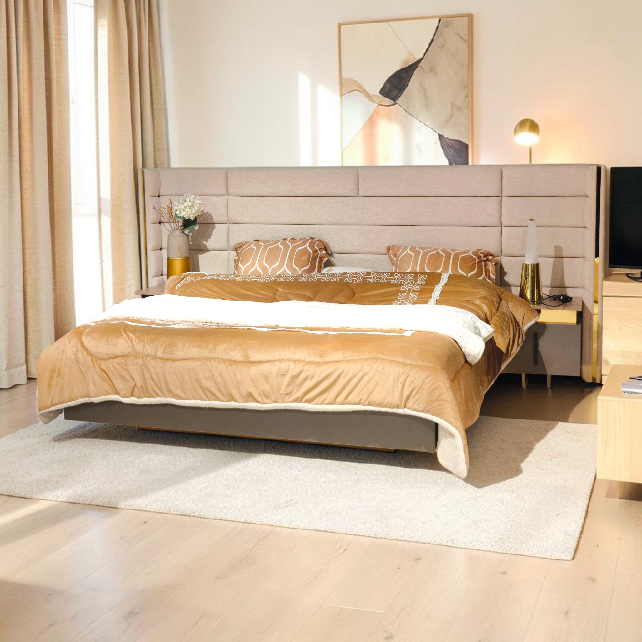 Beige Upholstered Bed with Integrated Nightstands – Modern Luxury Design