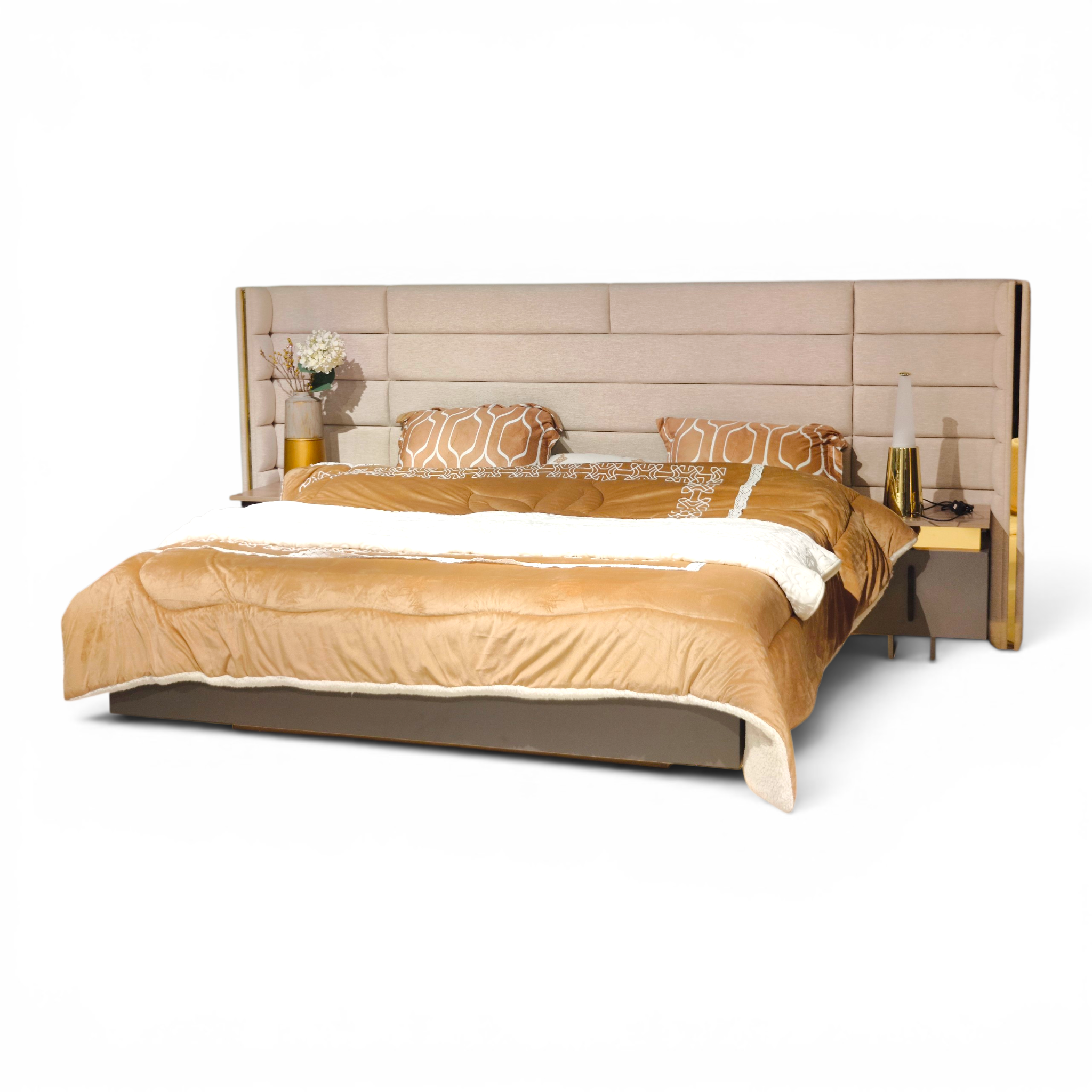 Beige Upholstered Bed with Integrated Nightstands – Modern Luxury Design
