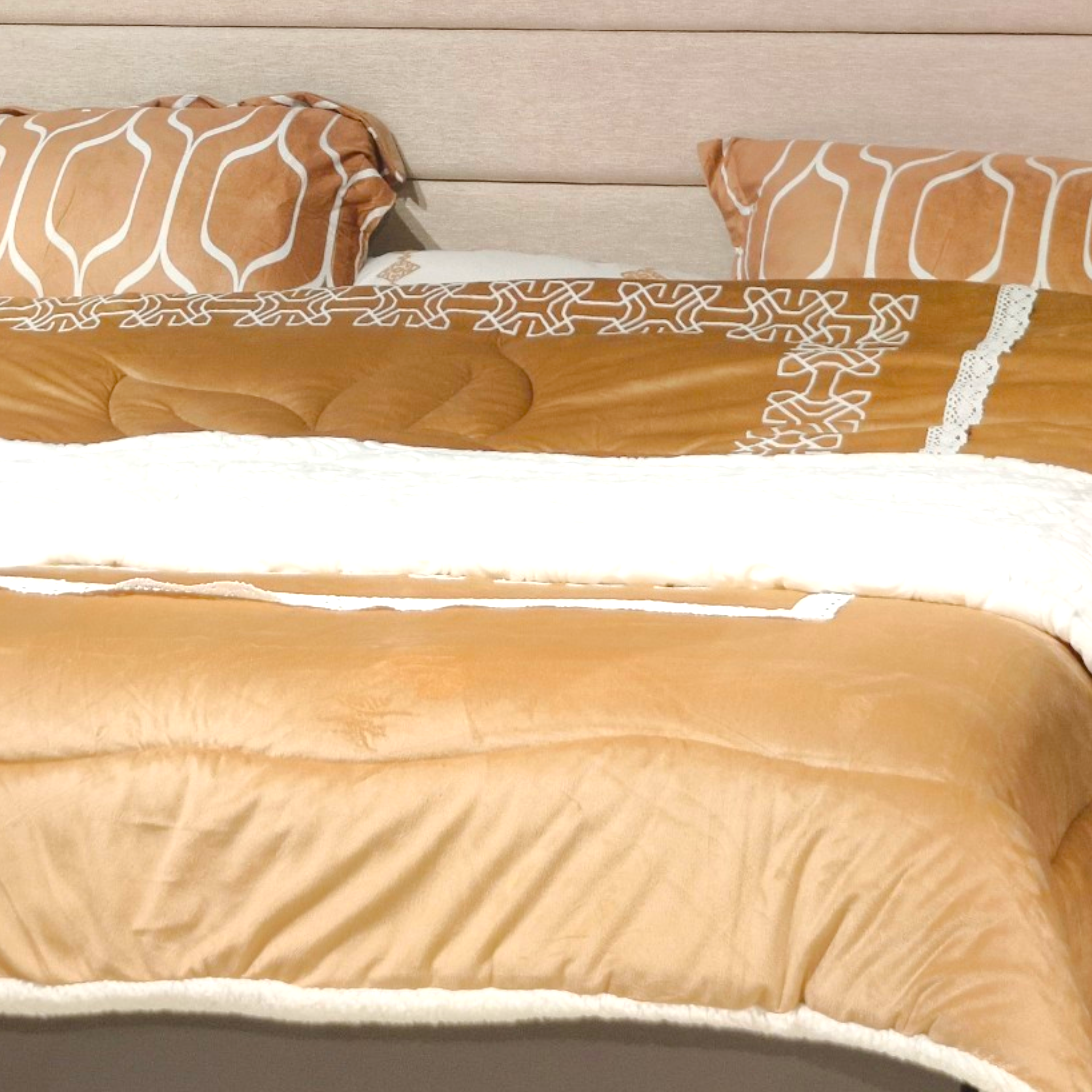 Beige Upholstered Bed with Integrated Nightstands – Modern Luxury Design