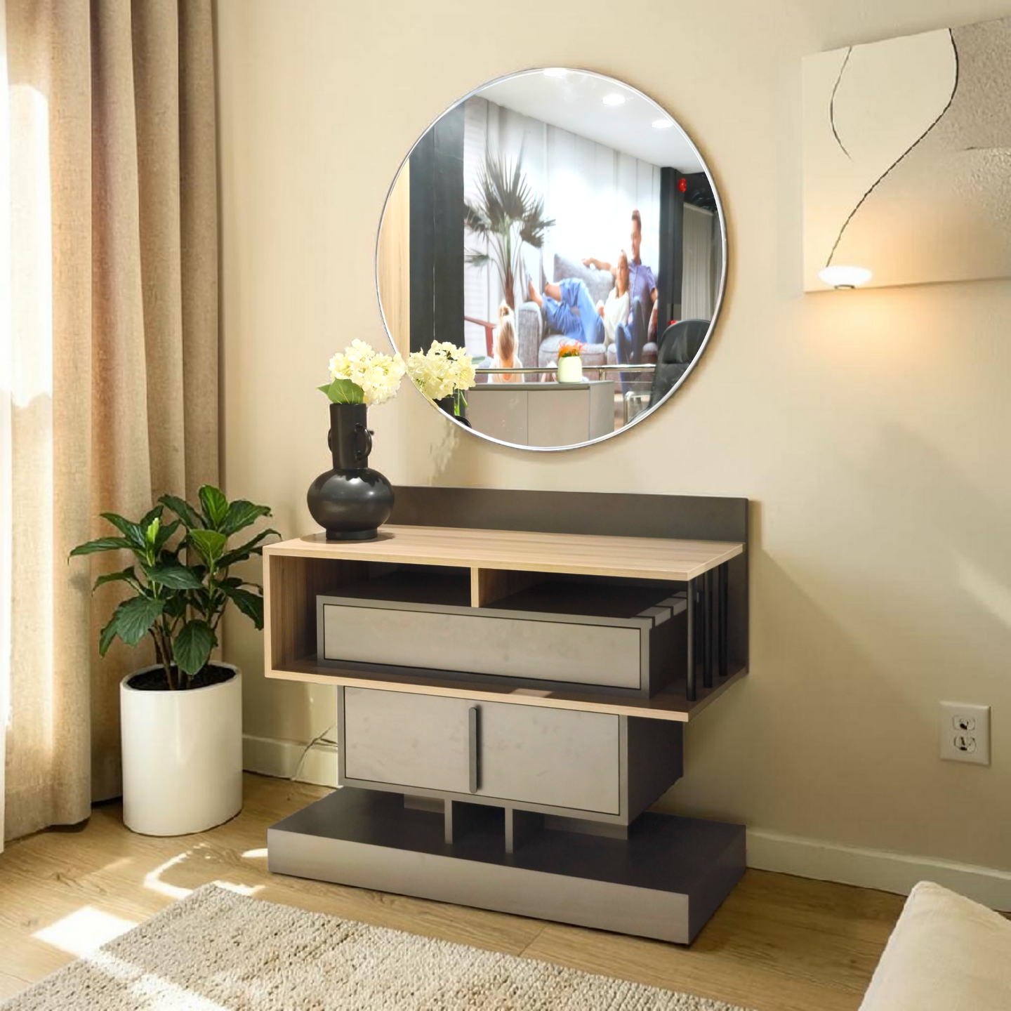 Modern Wooden Console Table with Round Mirror – Stylish Home Display Set