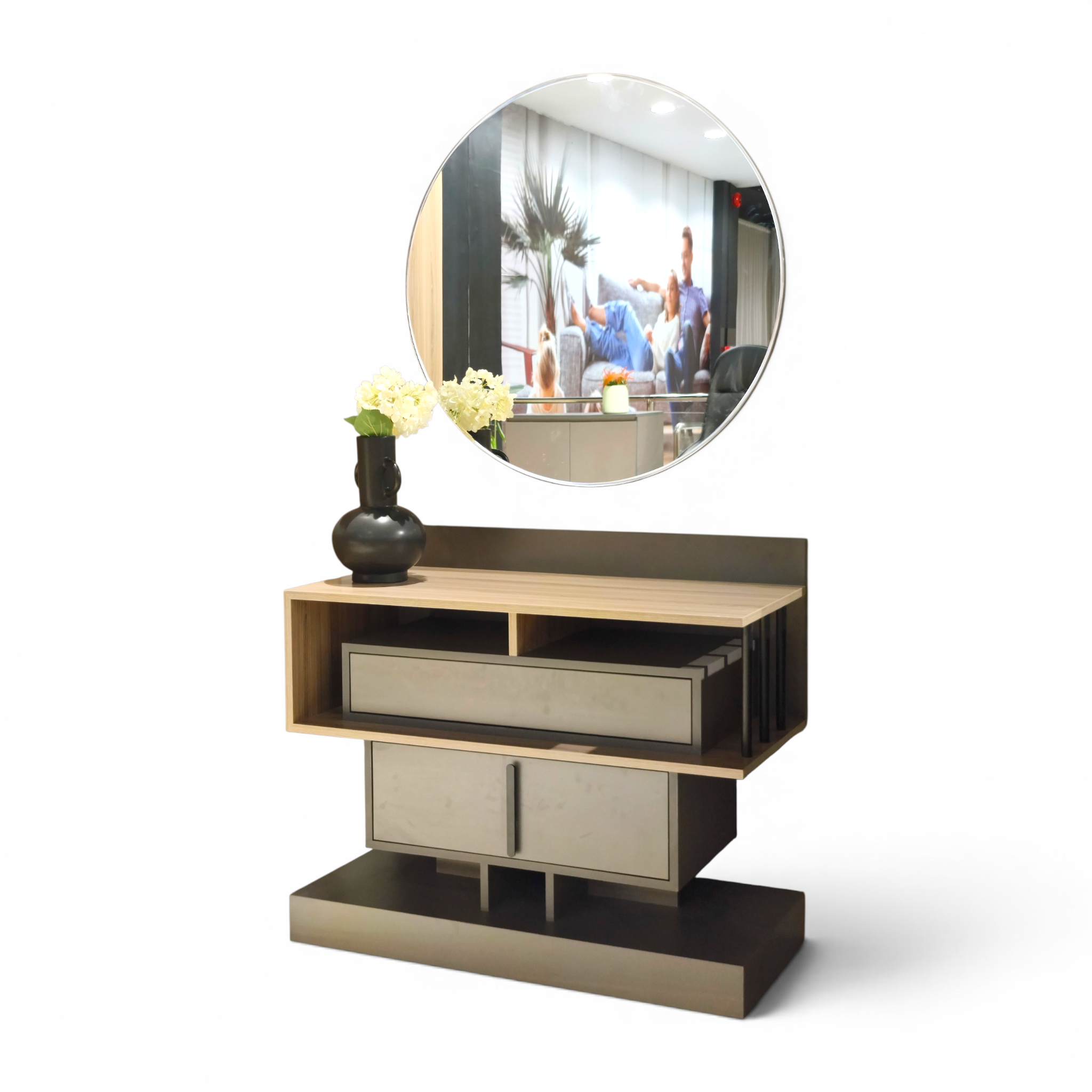 Modern Wooden Console Table with Round Mirror – Stylish Home Display Set