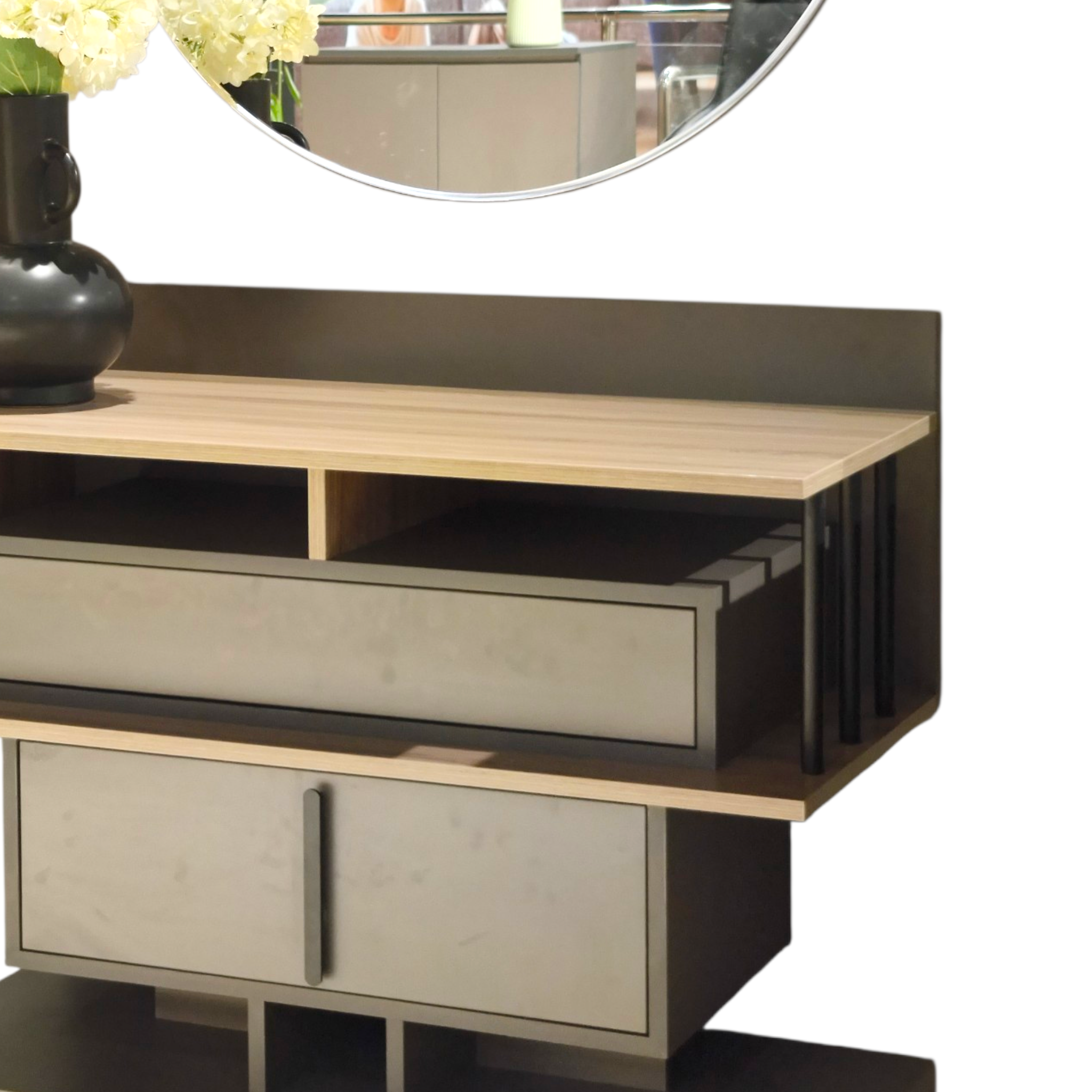 Modern Wooden Console Table with Round Mirror – Stylish Home Display Set