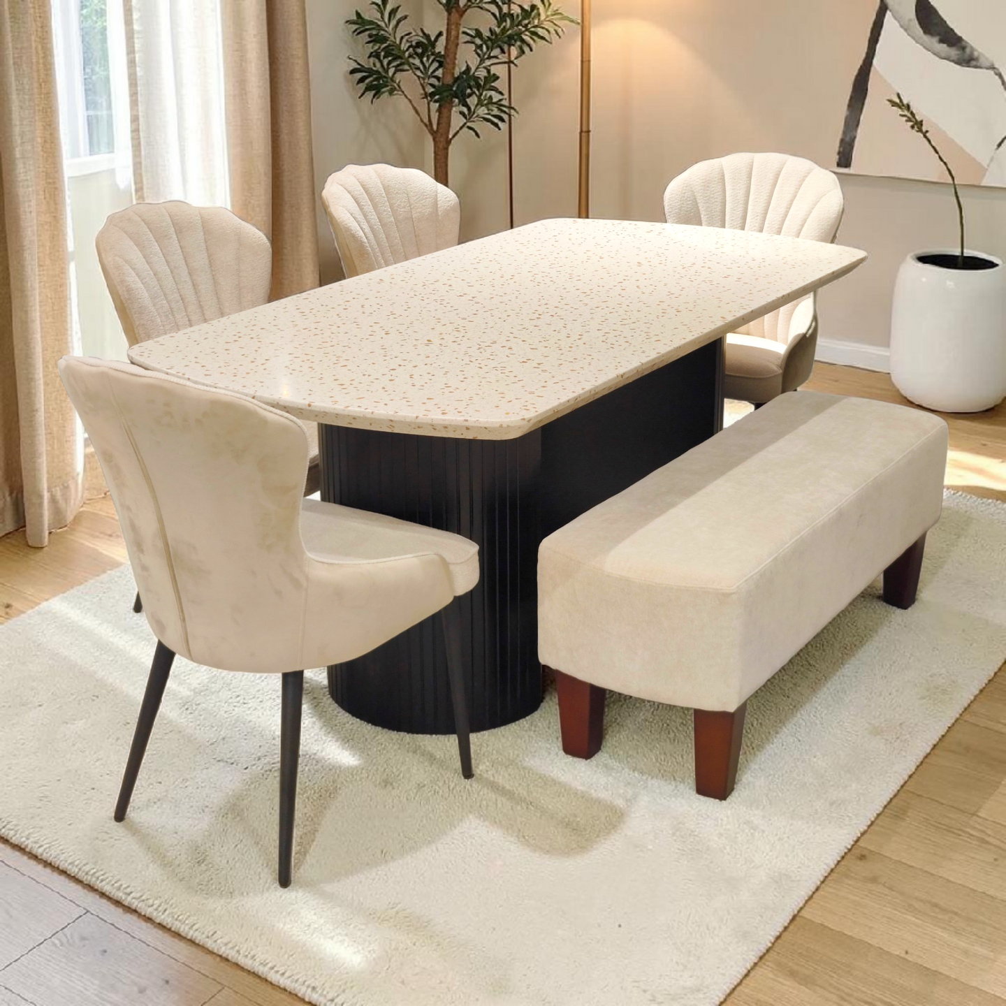 Terrazzo Dining Table Set with Upholstered Chairs & Bench – Modern Elegance