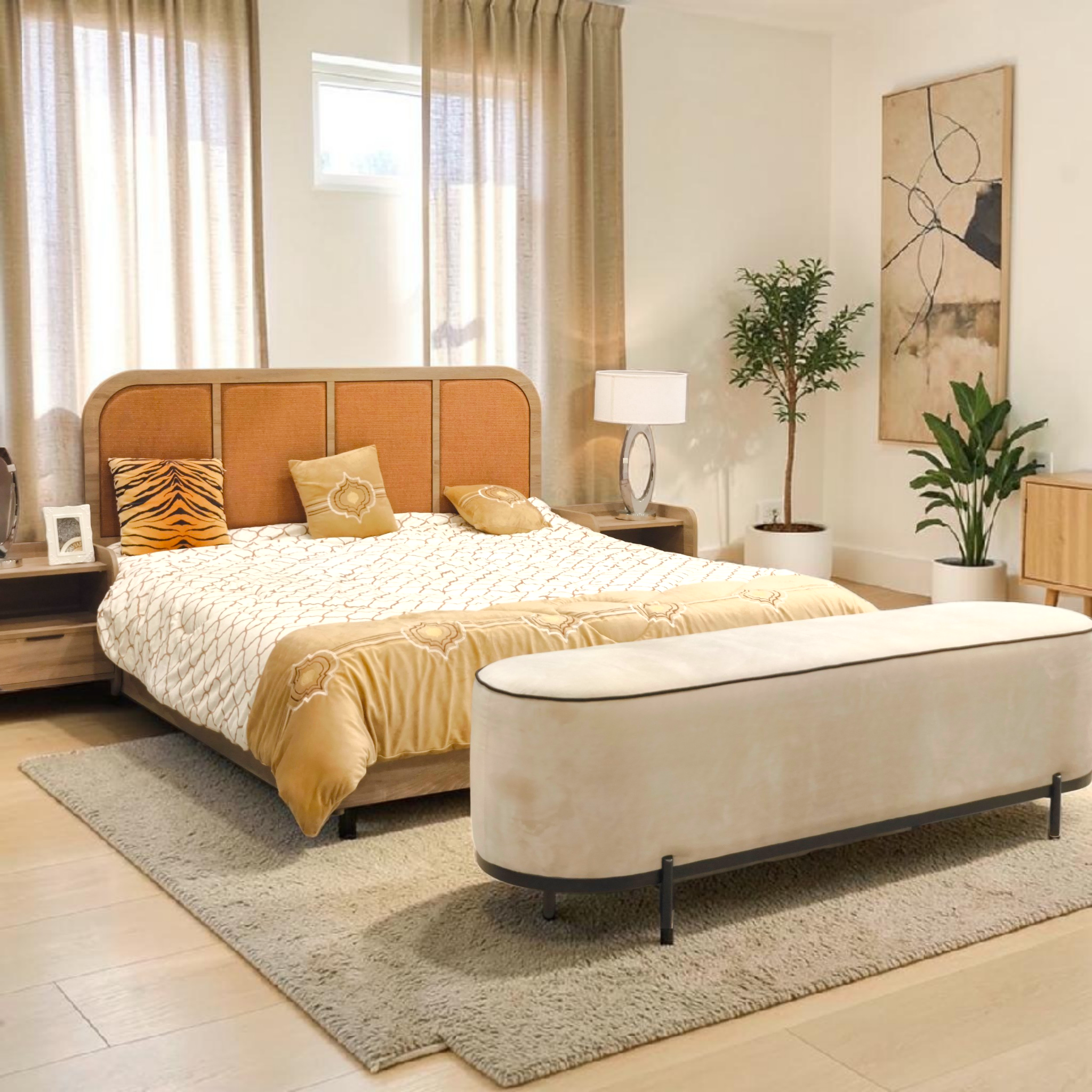 Upholstered Bed with Matching Ottoman & two side table Modern Cozy Bedroom Set
