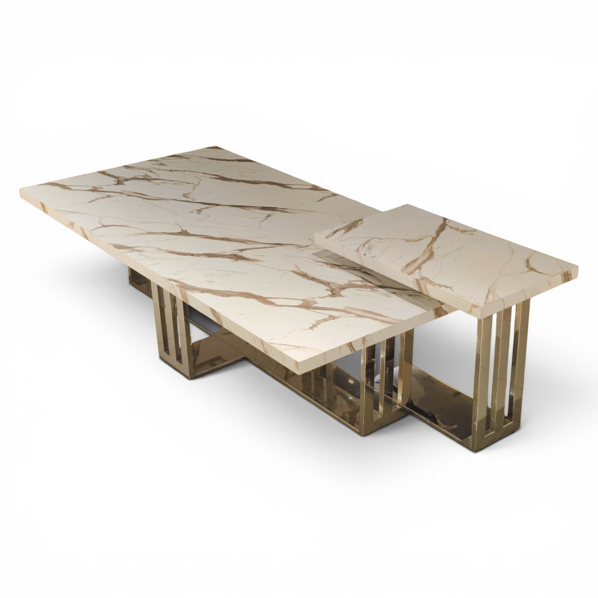 Two‑Tier Marble Coffee Table with Gold Geometric Base – Modern Luxury Design