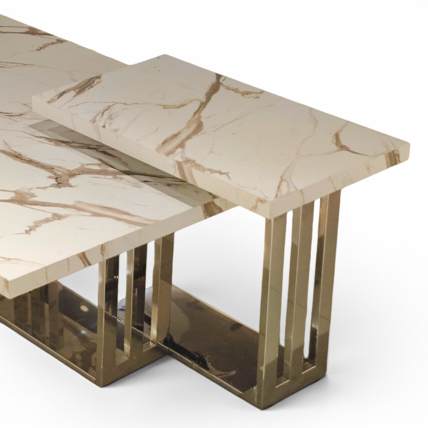 Two‑Tier Marble Coffee Table with Gold Geometric Base – Modern Luxury Design