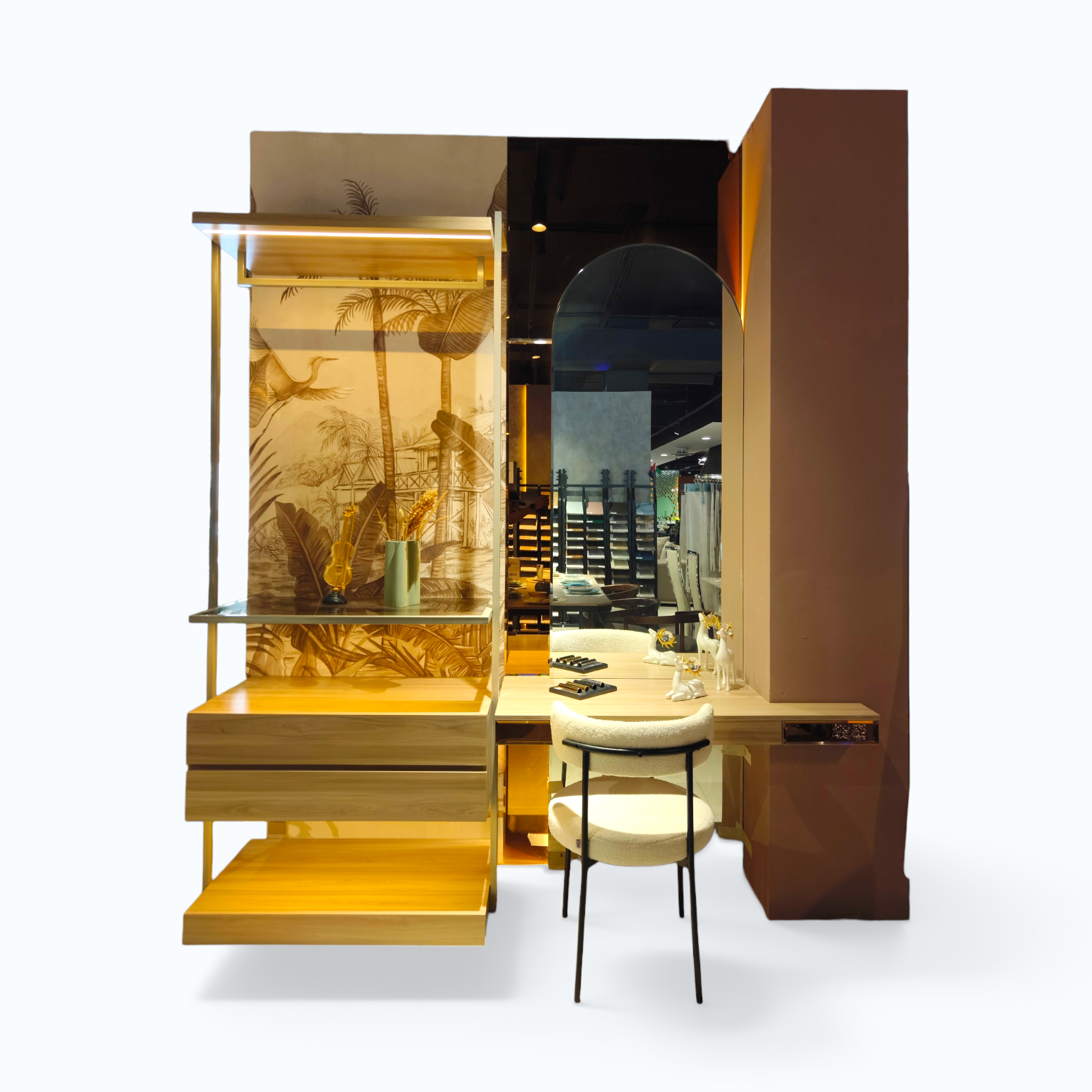 Modern Workspace Desk with Decorative Shelving – Compact Stylish Setup