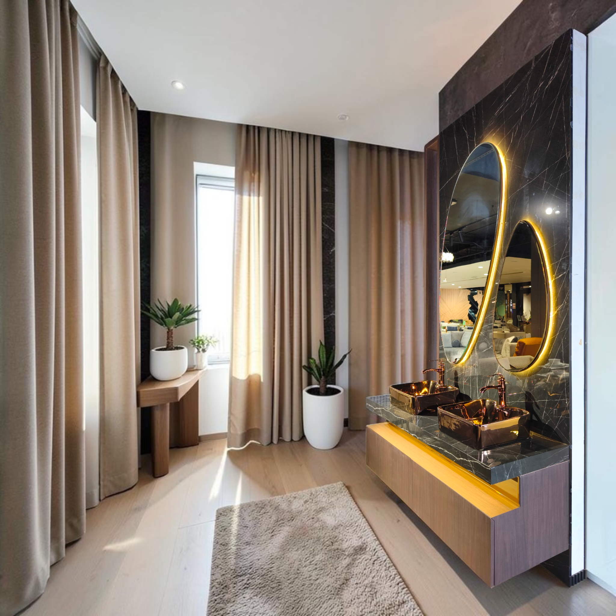 Double Copper Sink Vanity with Marble Backlit Mirrors – Luxury Modern Bathroom Set