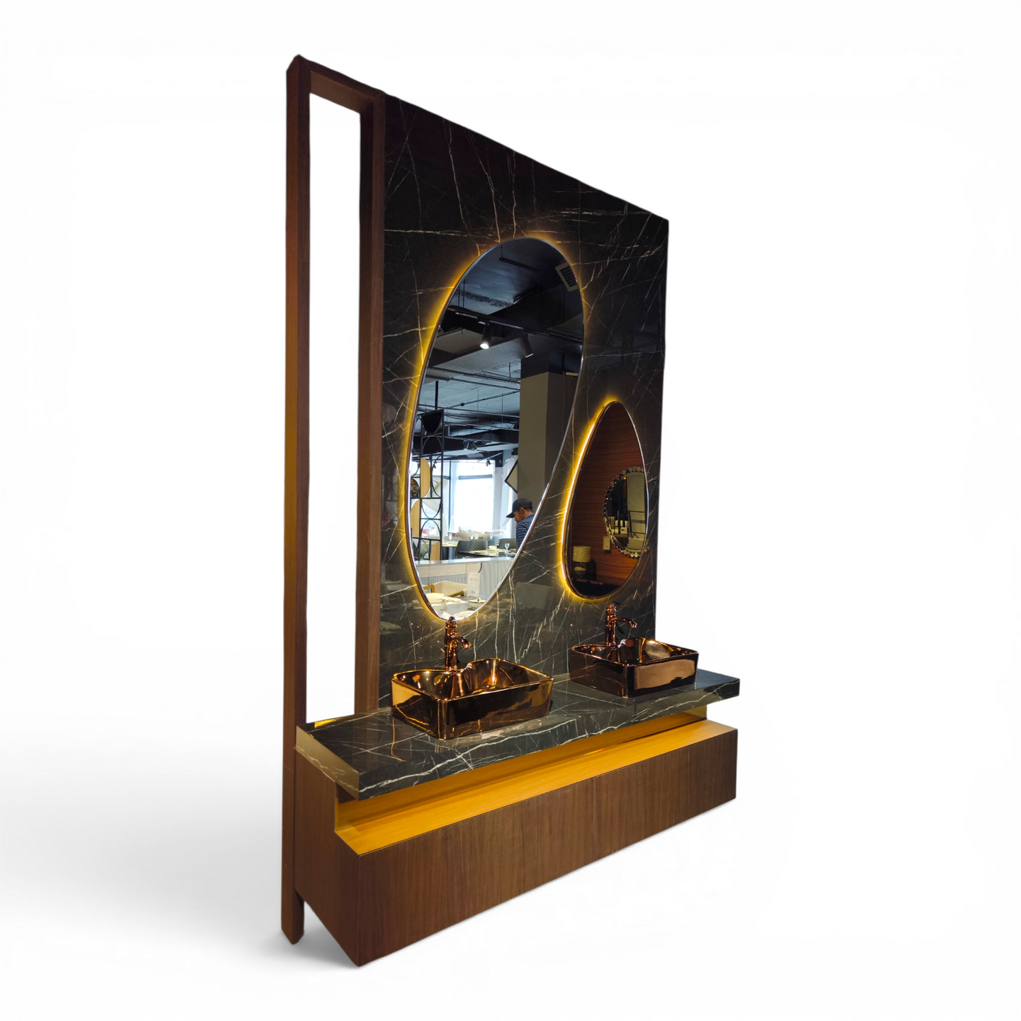 Double Copper Sink Vanity with Marble Backlit Mirrors – Luxury Modern Bathroom Set
