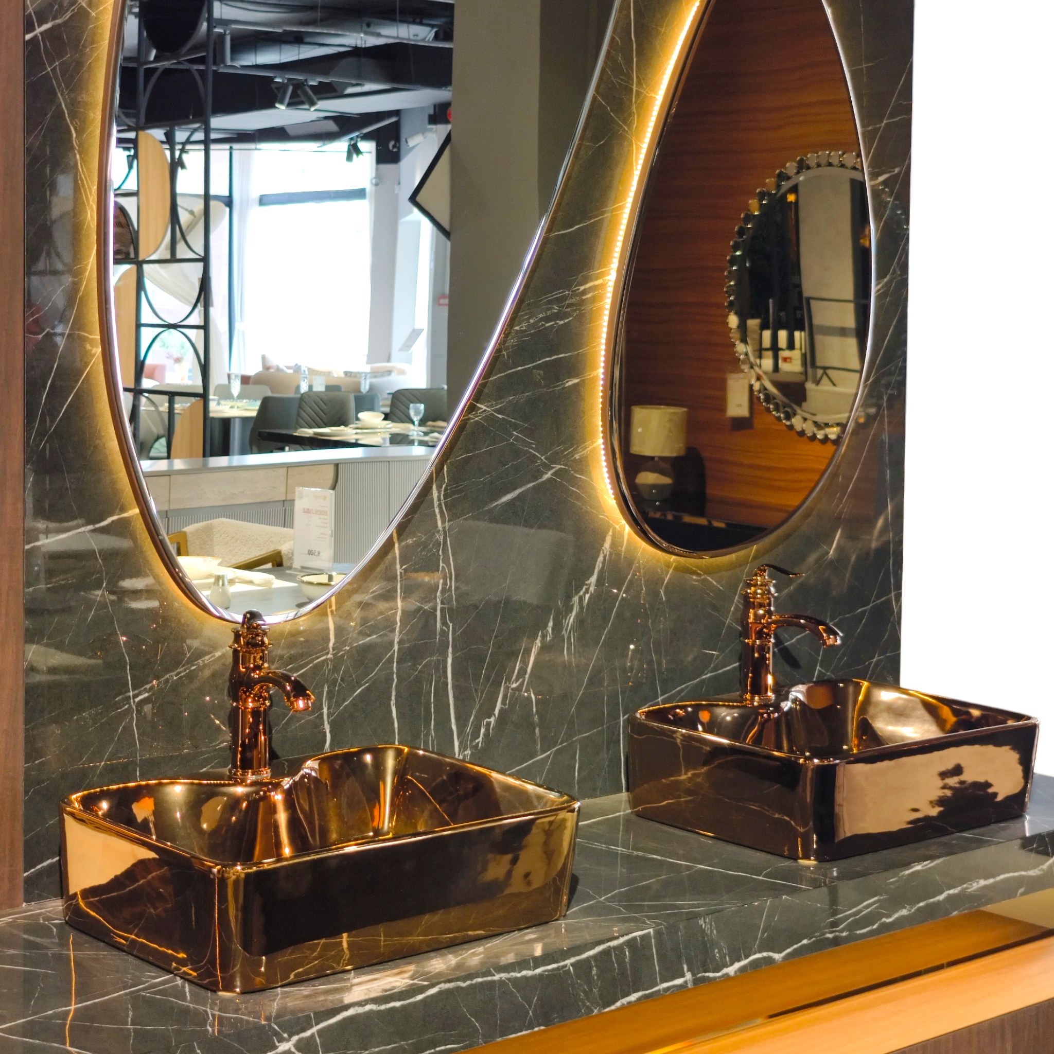 Double Copper Sink Vanity with Marble Backlit Mirrors – Luxury Modern Bathroom Set