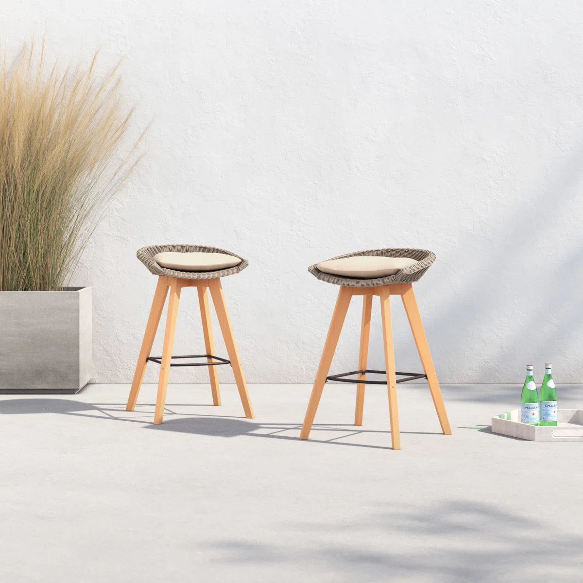 High-Density Polyethylene (HDPE) Wicker Outdoor Bar Stool with Cushion (Set of 2)