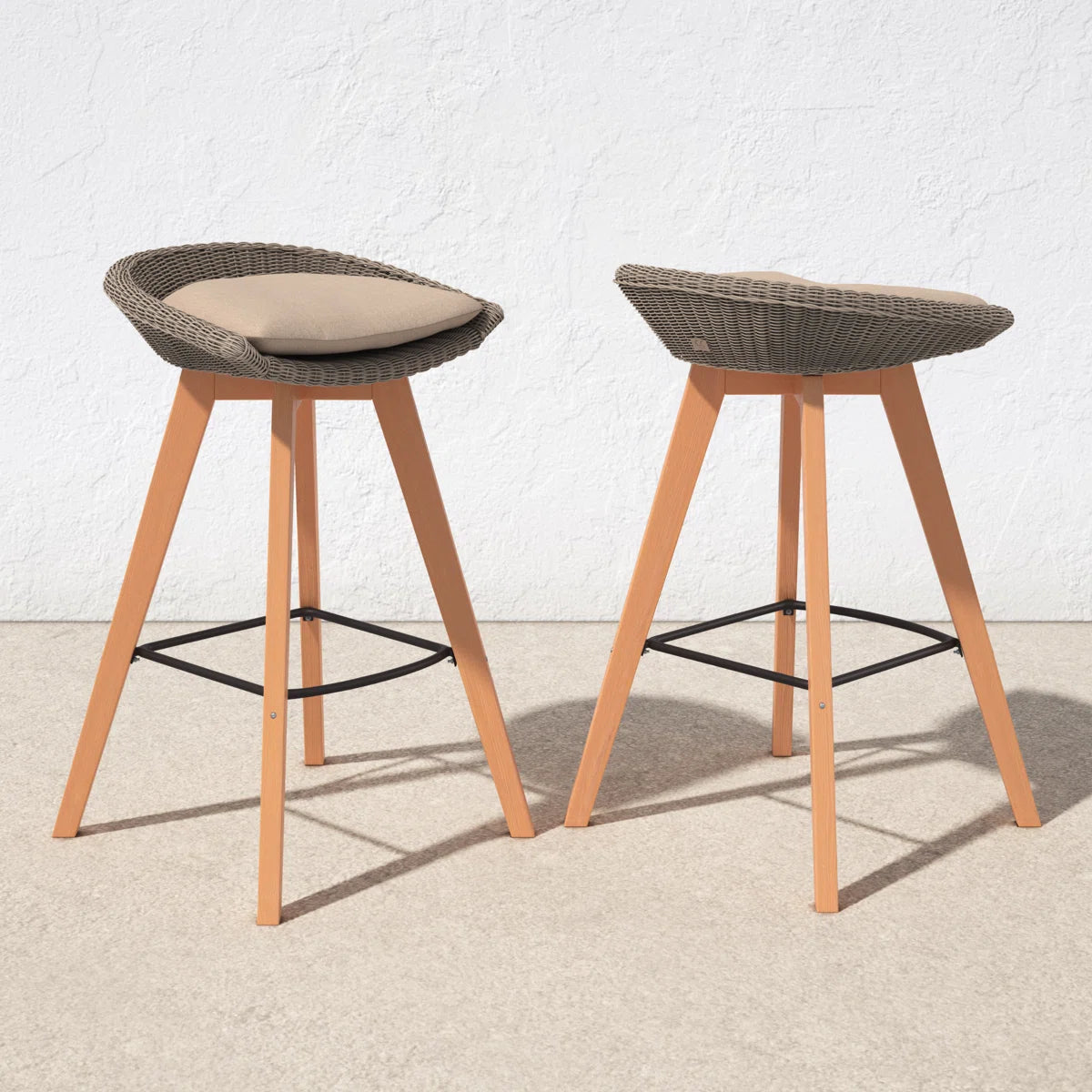 High-Density Polyethylene (HDPE) Wicker Outdoor Bar Stool with Cushion (Set of 2)