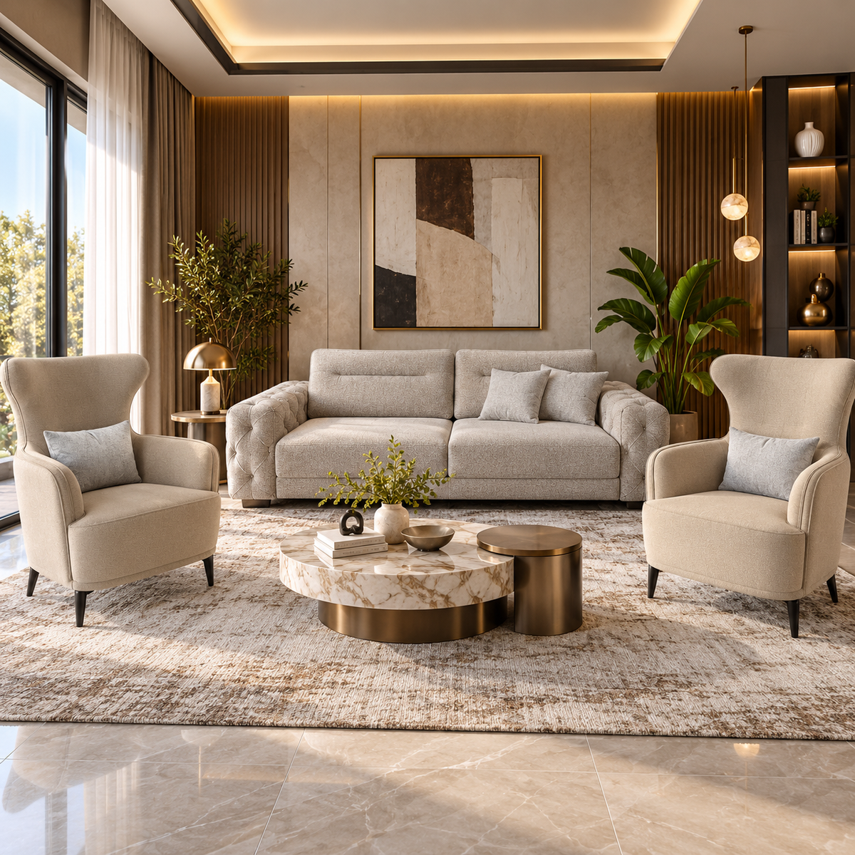 Modern Beige 5-Seater Sofa Set (3+1+1) with Adjustable Backrest Mechanism