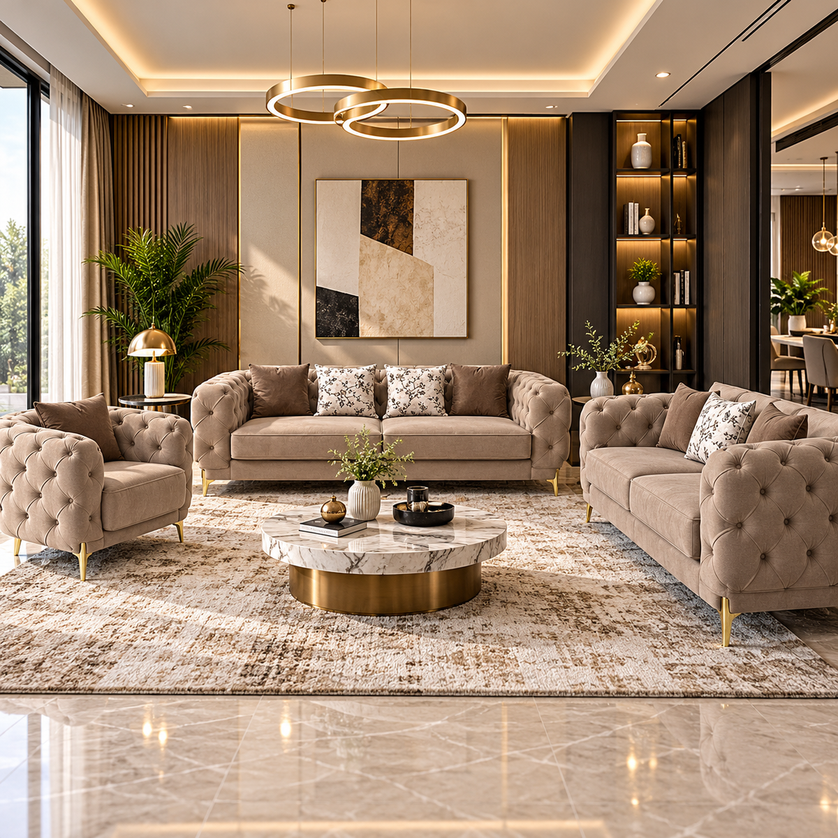 Classic Chesterfield-Style 6-Seater Sofa Set (3+2+1) with Gold Accent Legs | Customizable Size & Color
