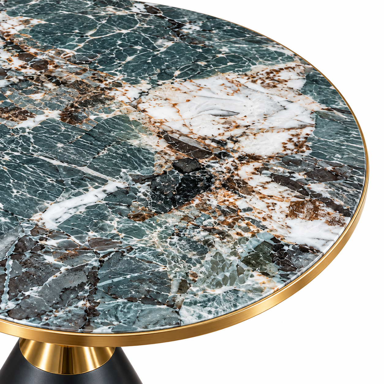 Luxe Verde Marble Side Table with Brass Collar & Matte Black Pedestal Base