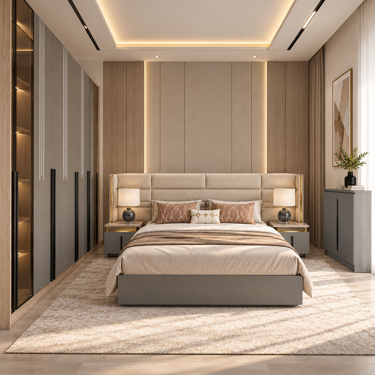 Modern Luxury 5-Piece Bedroom Set with LED Glass Wardrobe & Shoe Rack