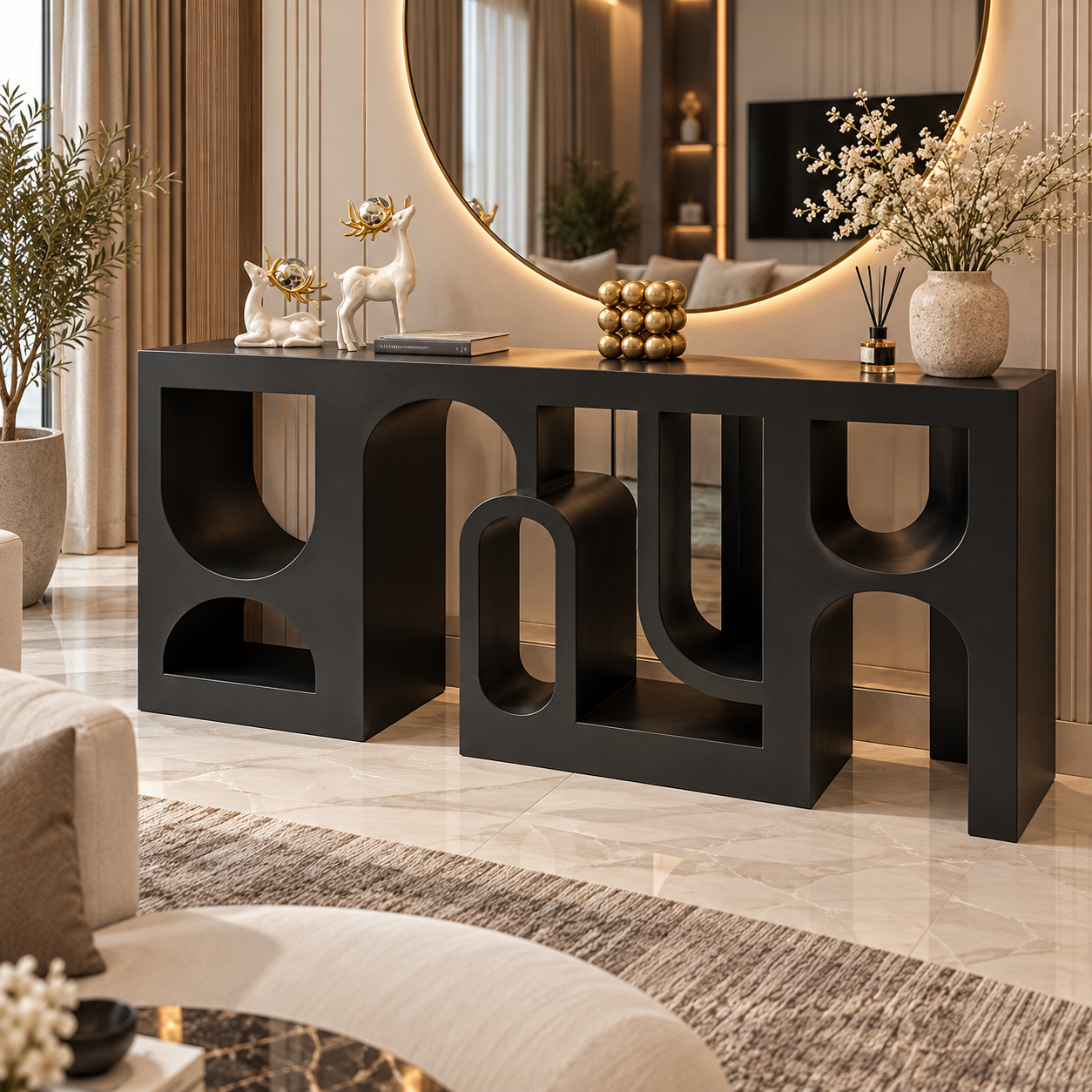 Sculptural Black Geometric Console Table with Arch Cutouts