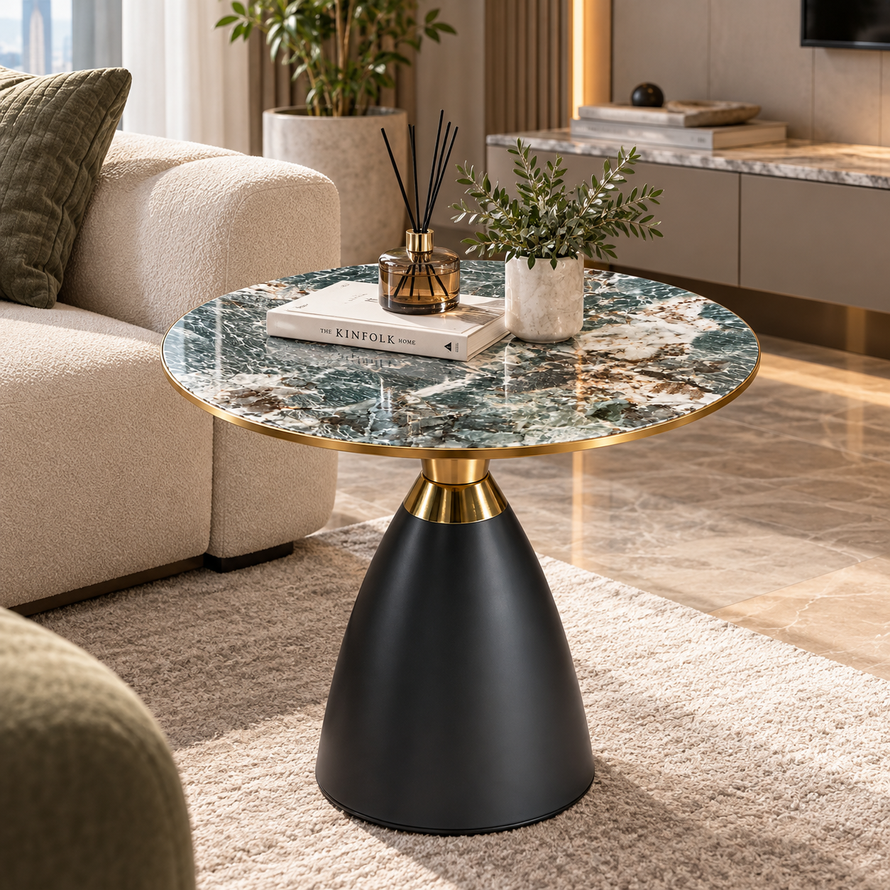 Luxe Verde Marble Side Table with Brass Collar & Matte Black Pedestal Base