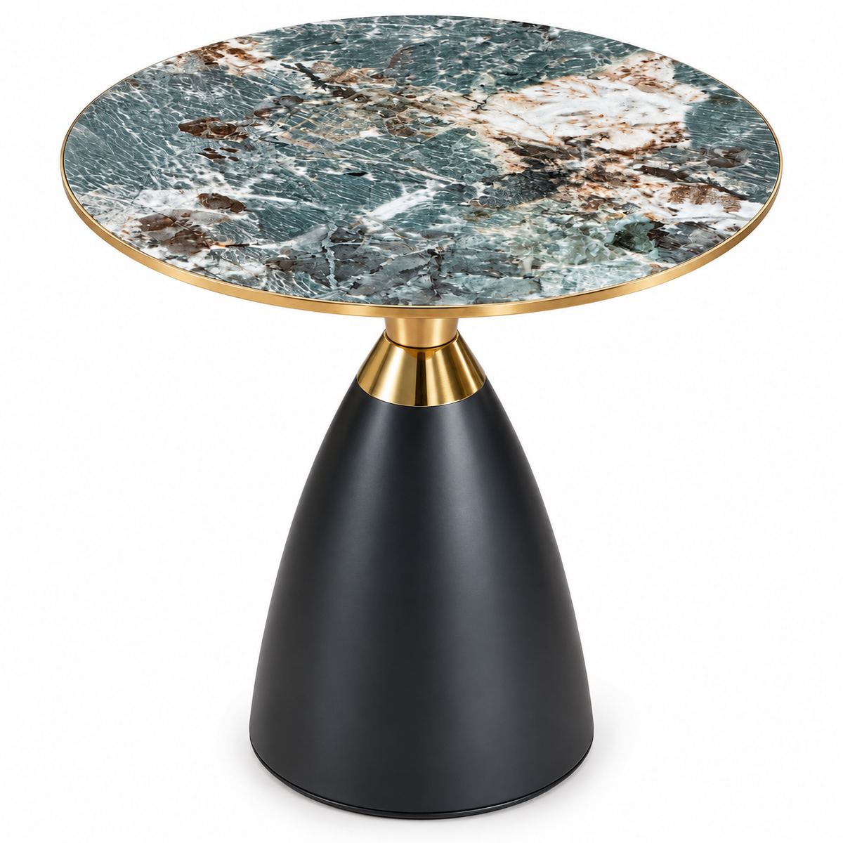 Luxe Verde Marble Side Table with Brass Collar & Matte Black Pedestal Base