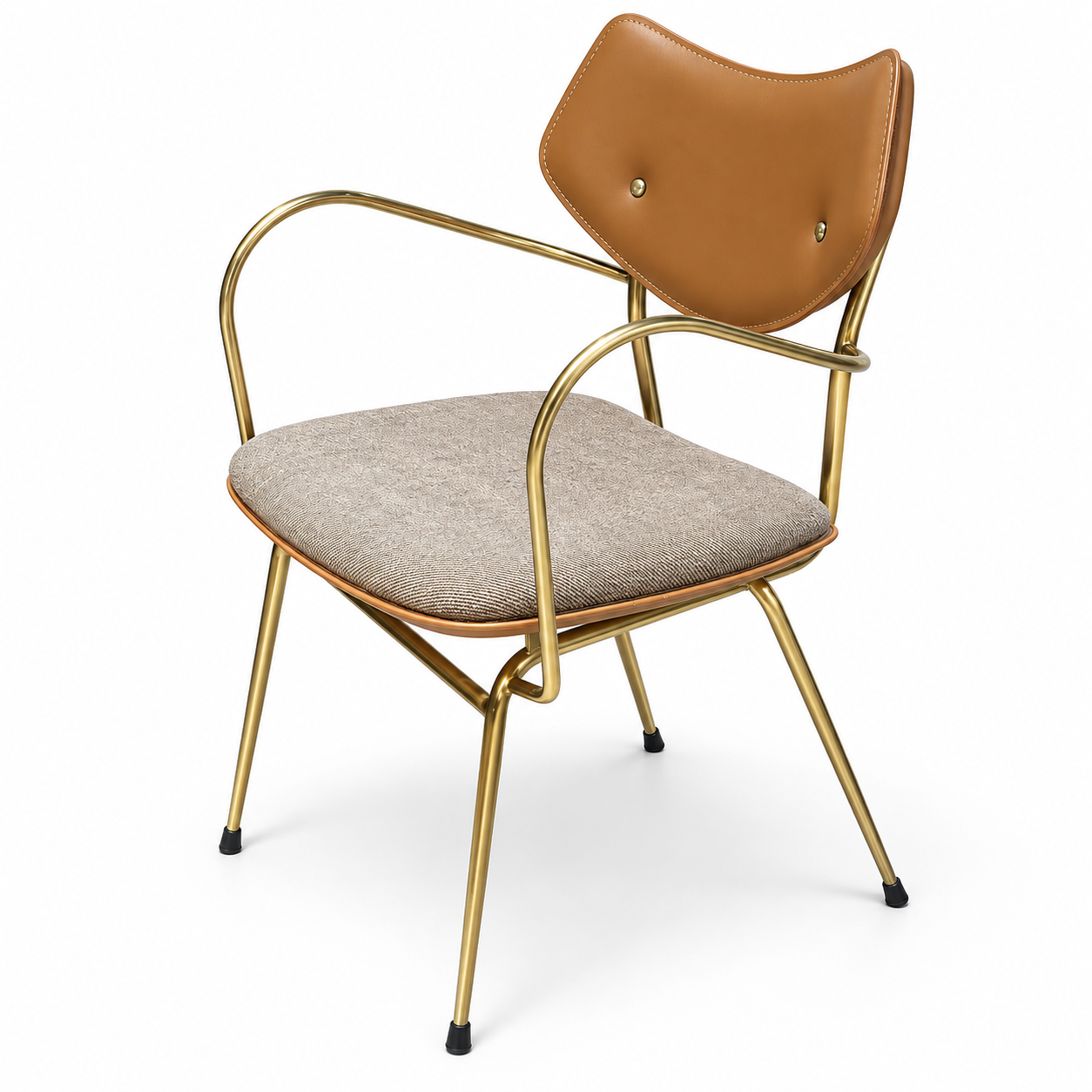 Brass Frame Makeup Vanity Chair with Saddle Leather & Fabric Seat