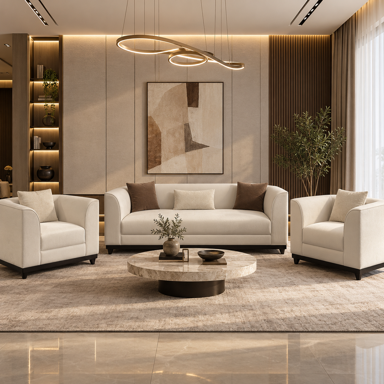 Modern Italian 5-Piece Living Room Sofa Suite (3-Seater & 2 Accent Armchairs)