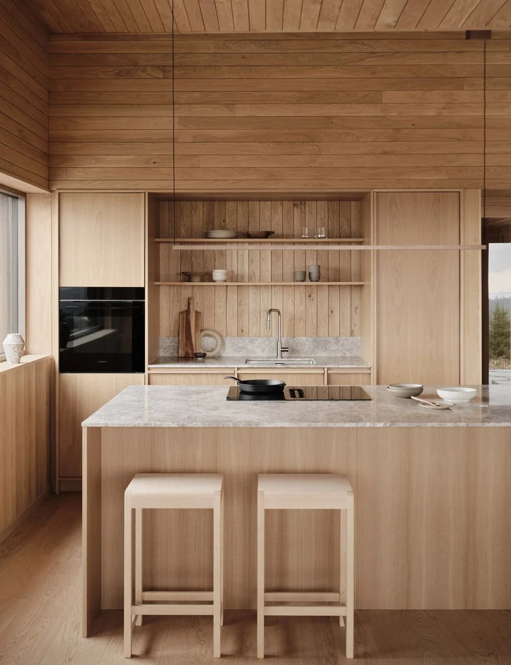 Modern Oak & Limestone  Minimalist Kitchen with Natural Materials