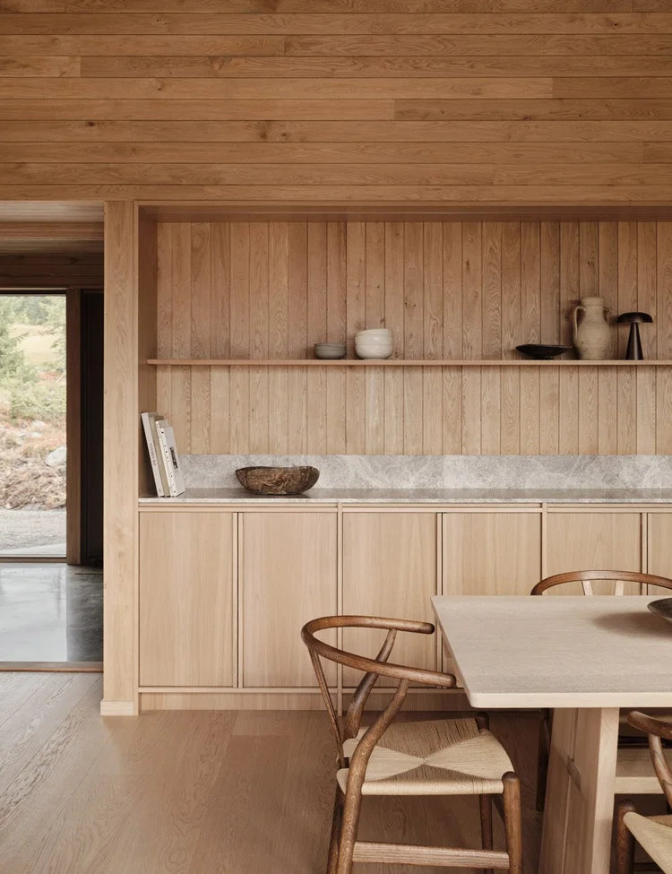 Modern Oak & Limestone  Minimalist Kitchen with Natural Materials