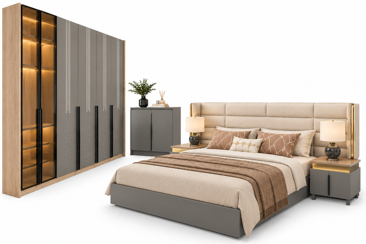 Modern Luxury 5-Piece Bedroom Set with LED Glass Wardrobe & Shoe Rack