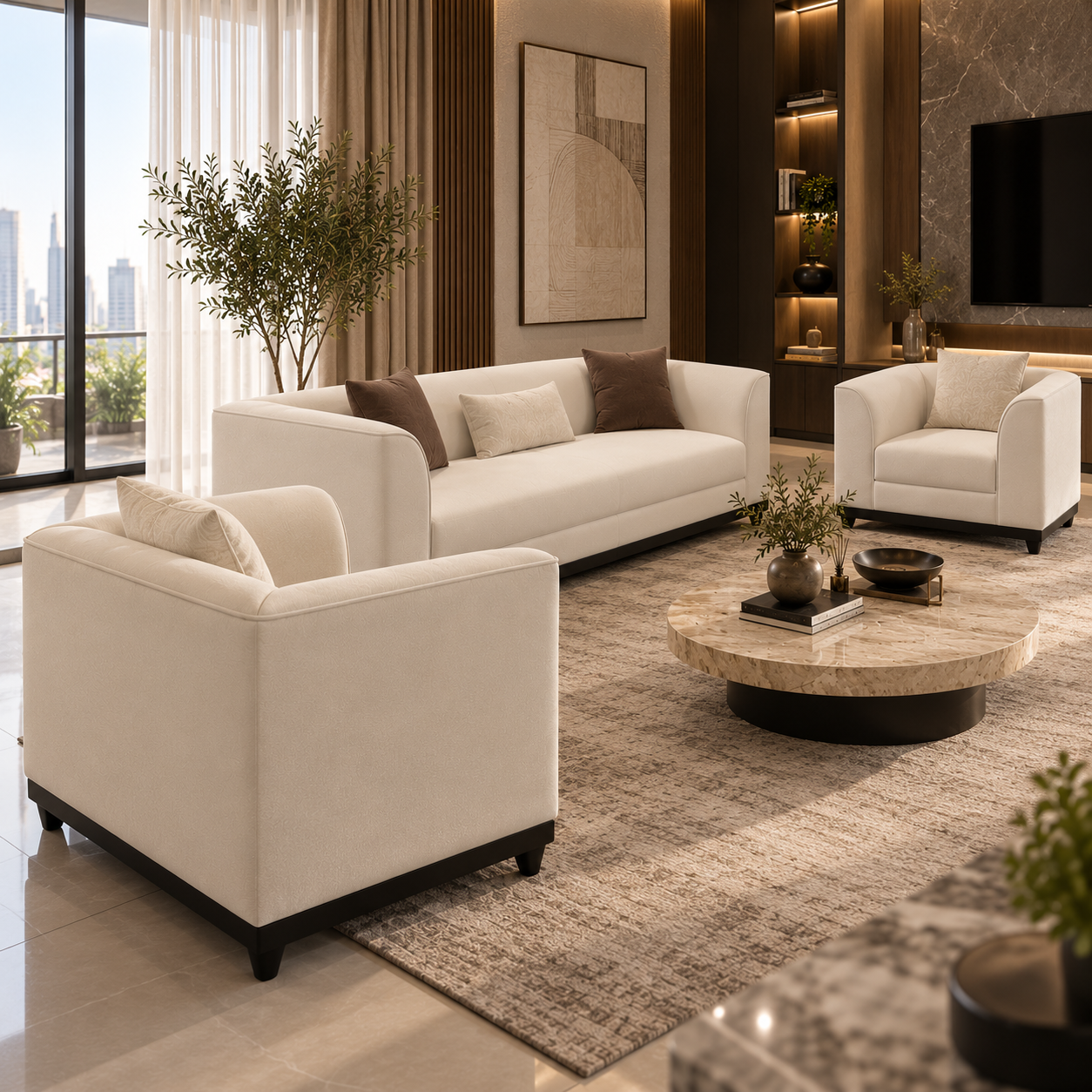 Modern Italian 5-Piece Living Room Sofa Suite (3-Seater & 2 Accent Armchairs)