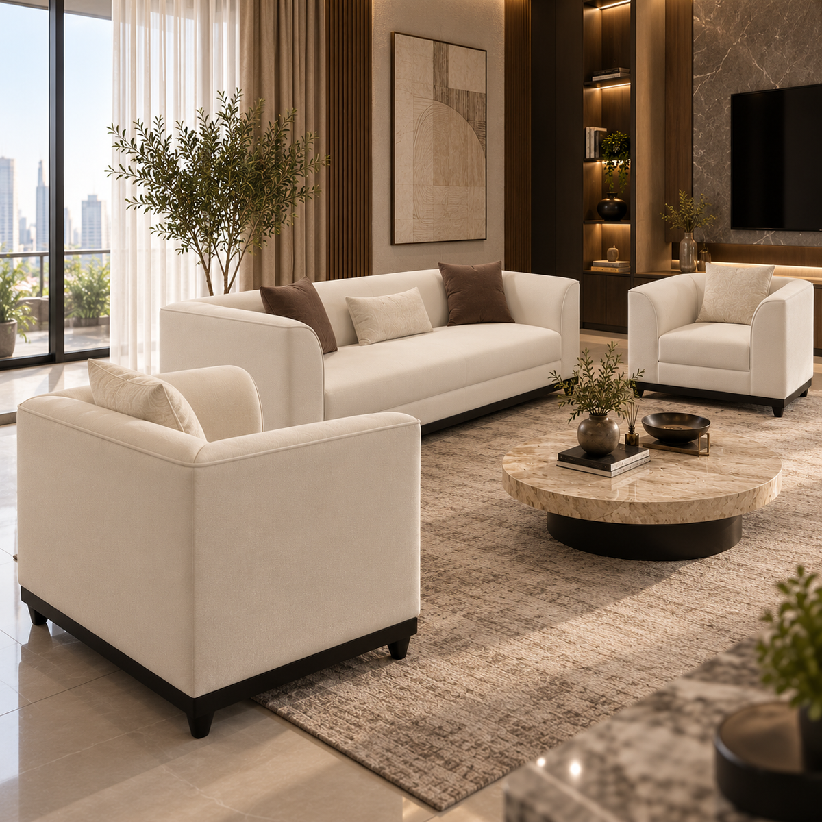Modern Italian 5-Piece Living Room Sofa Suite (3-Seater & 2 Accent Armchairs)