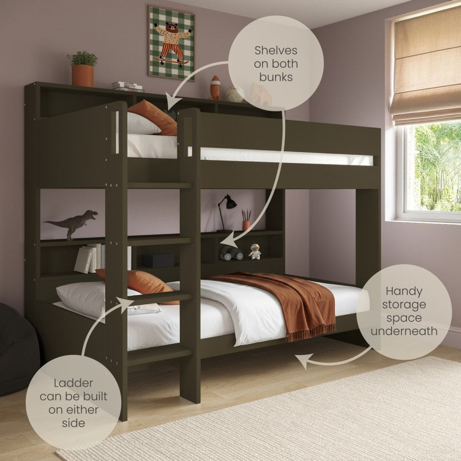 Olivea Dark Olive Wooden Bunk Bed with Storage