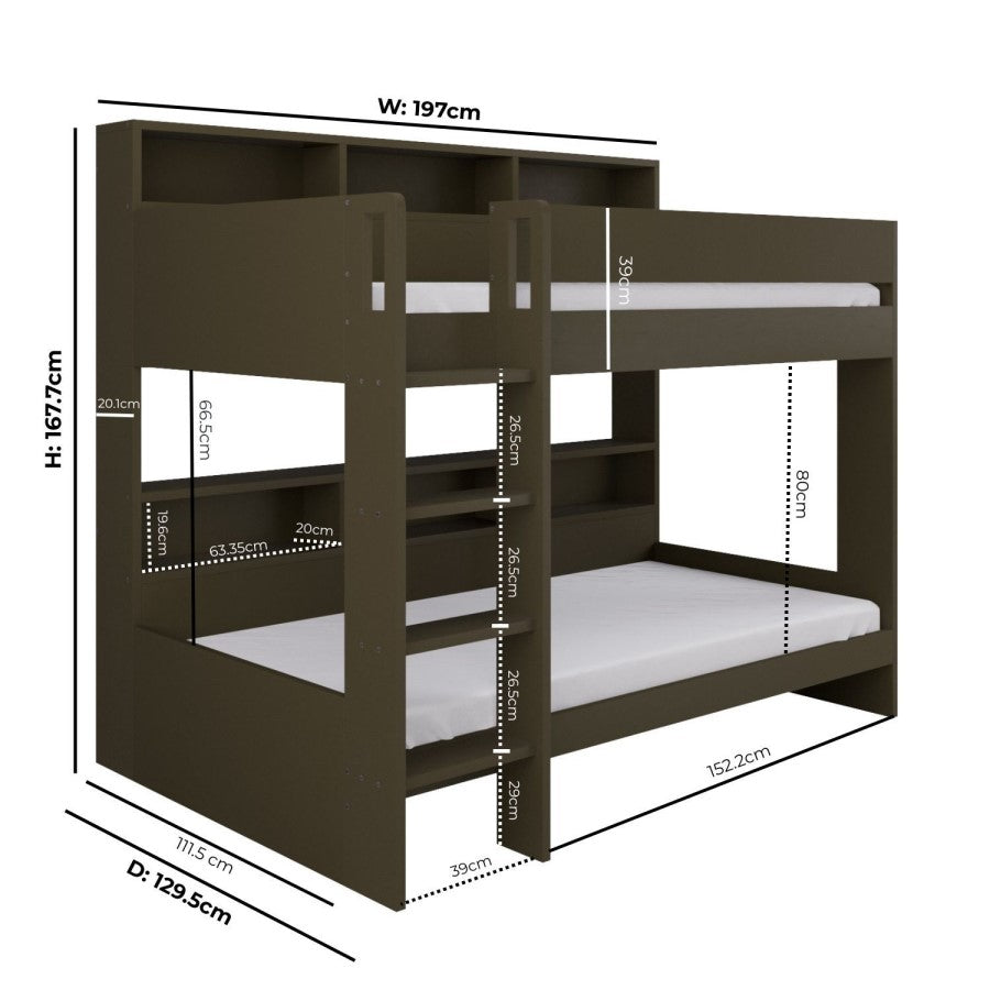 Olivea Dark Olive Wooden Bunk Bed with Storage